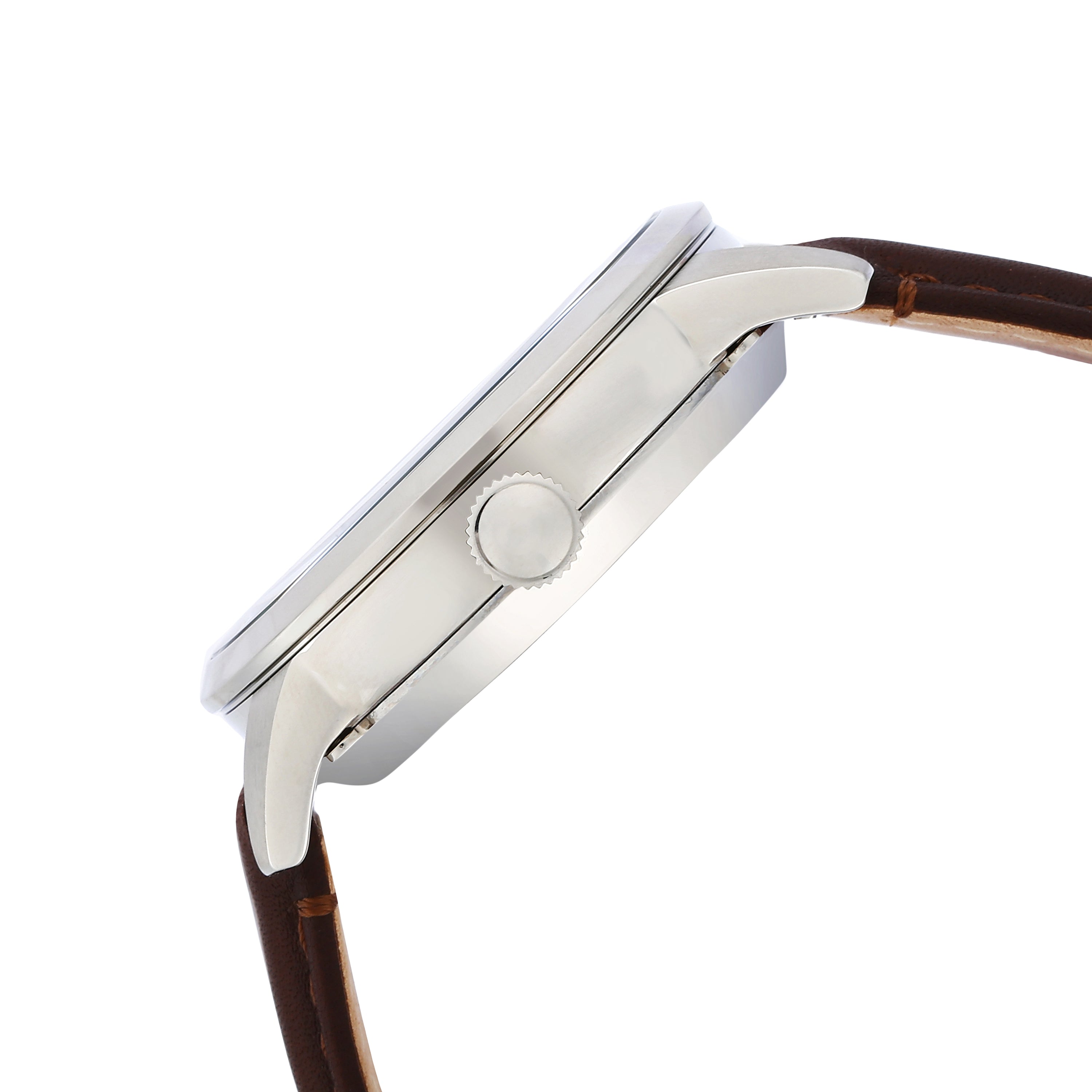 Wristwatch with a silver case and brown leather strap.