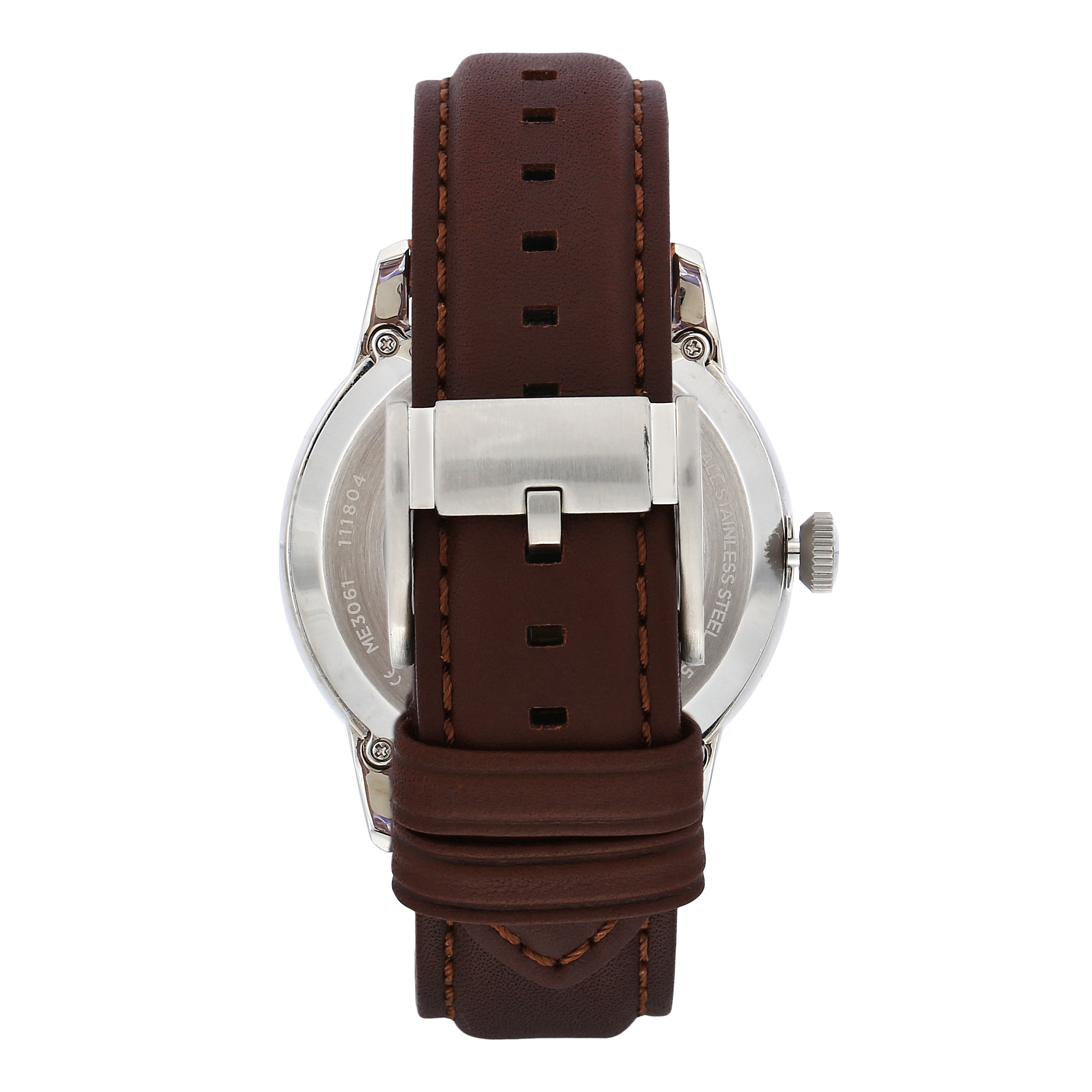 Wristwatch with a brown leather strap and silver-toned case back.