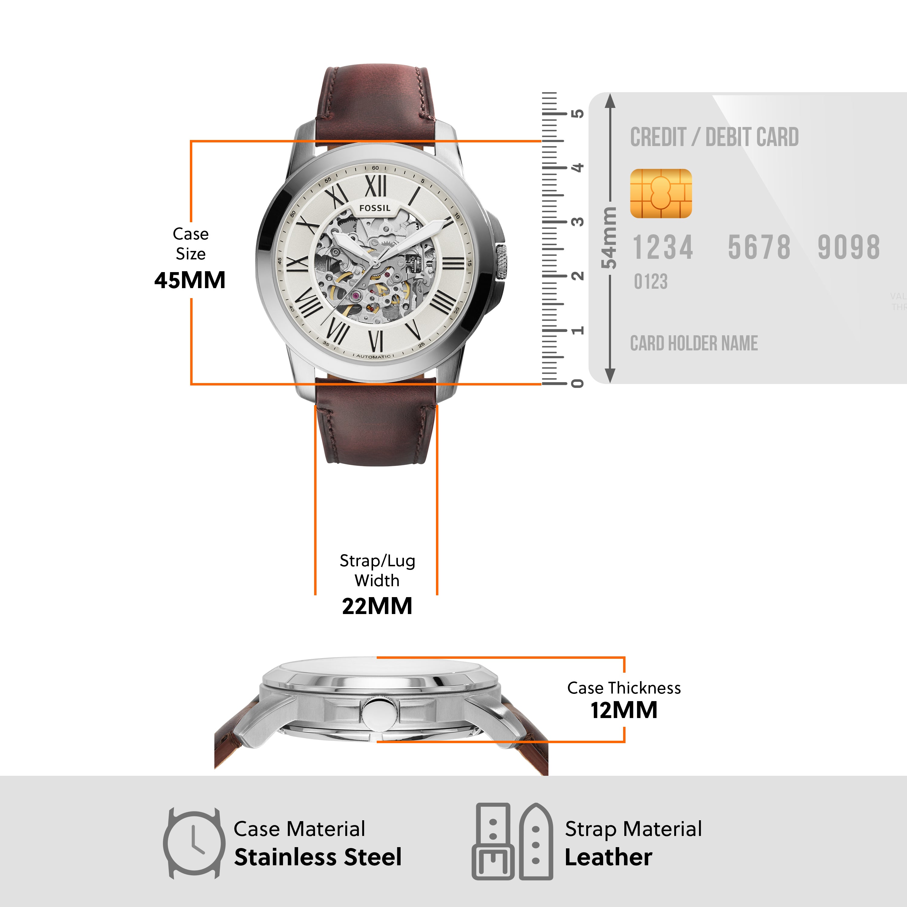 Elegant mechanical wristwatch with a brown leather strap and silver case.