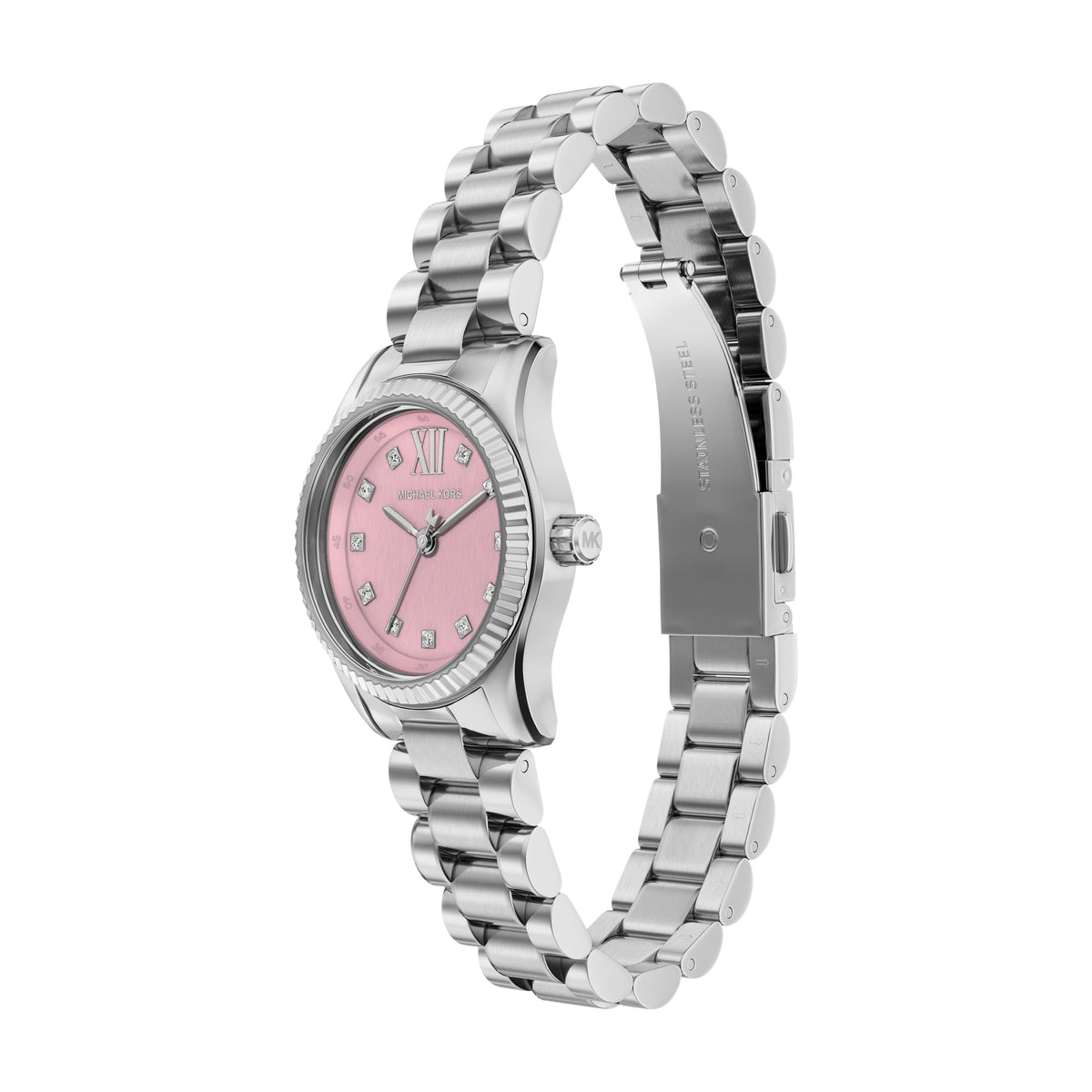 Michael Kors Petite Lexington Pave Pink Dial Silver Stainless Steel Watch MK4996