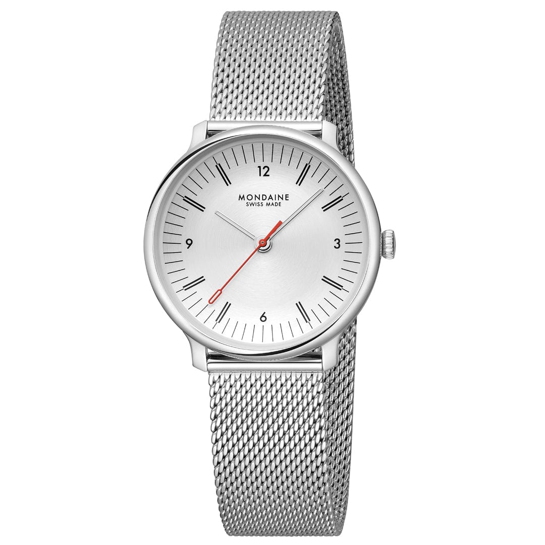 Mondaine Doppio White Dial Silver Mesh Bracelet Watch MLE.33110.SM