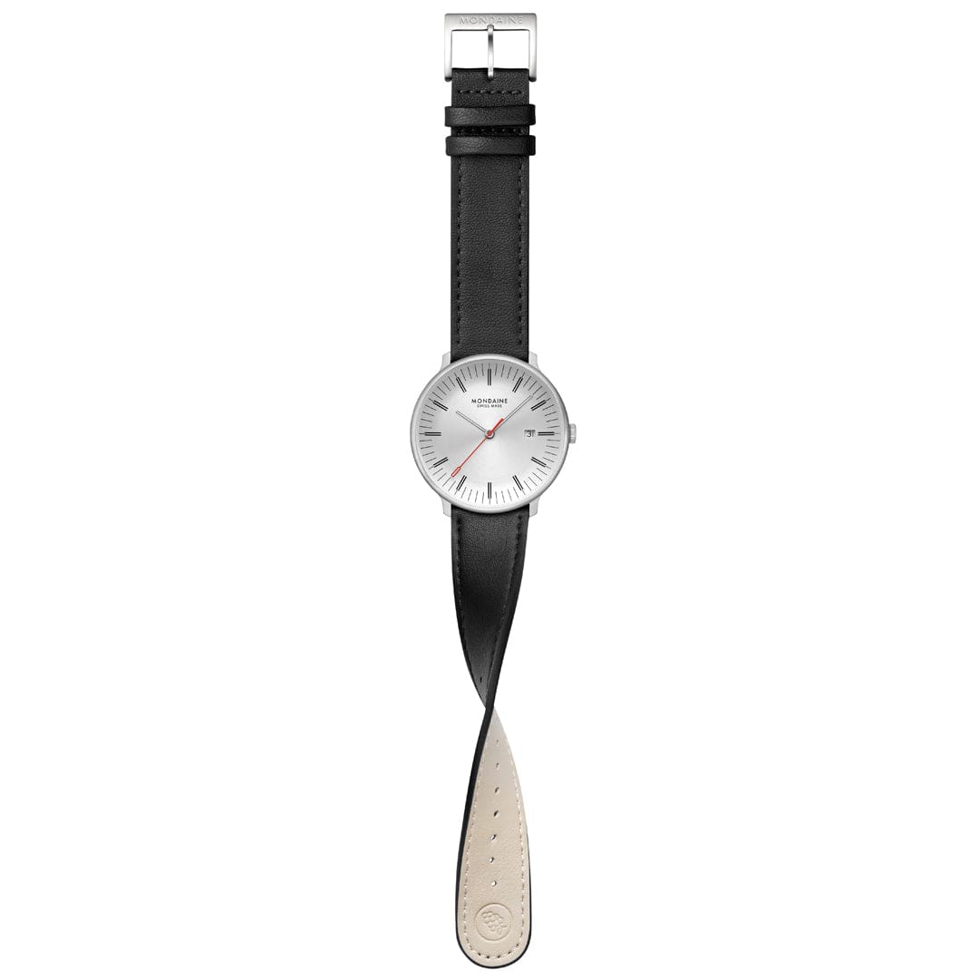 Mondaine Doppio 41mm Black Vegan Grape Leather Watch MLE.41210.LBV