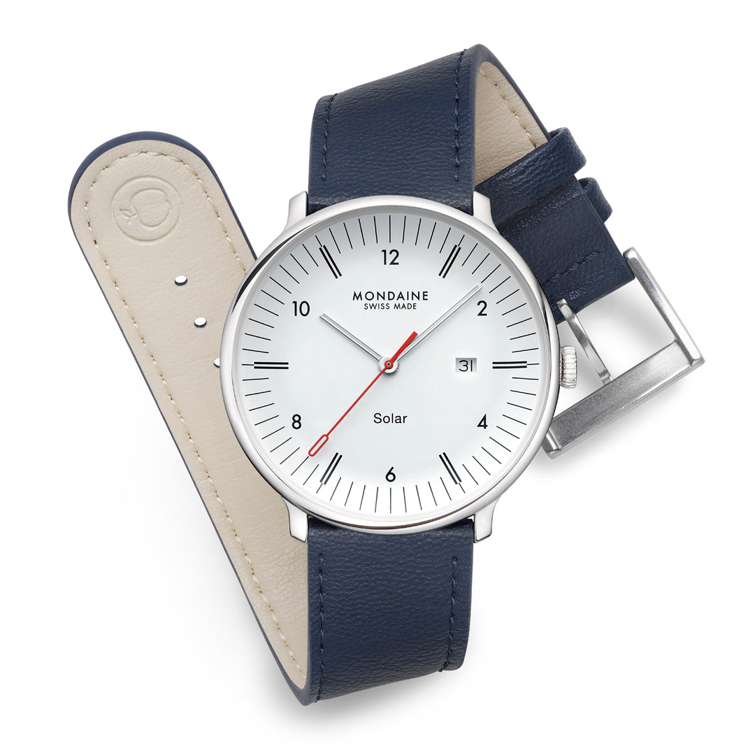 Mondaine Doppio Solar Blue Vegan Leather Watch MLE.41910.LDV