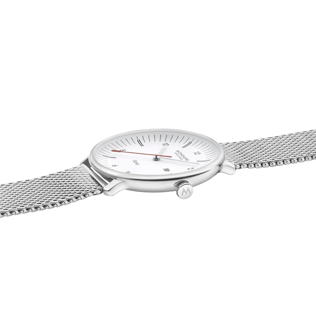 Mondaine Doppio Solar White Dial Stainless Steel Watch MLE.41910.SM