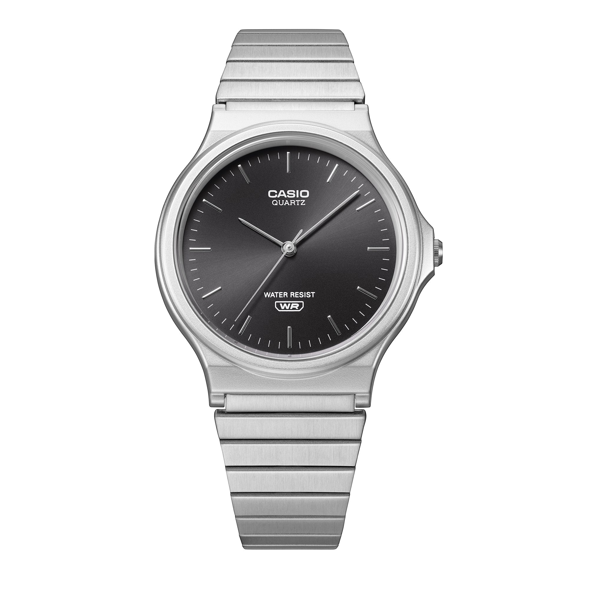 Front view of the Casio MQ24DA-1A black dial and steel bracelet.