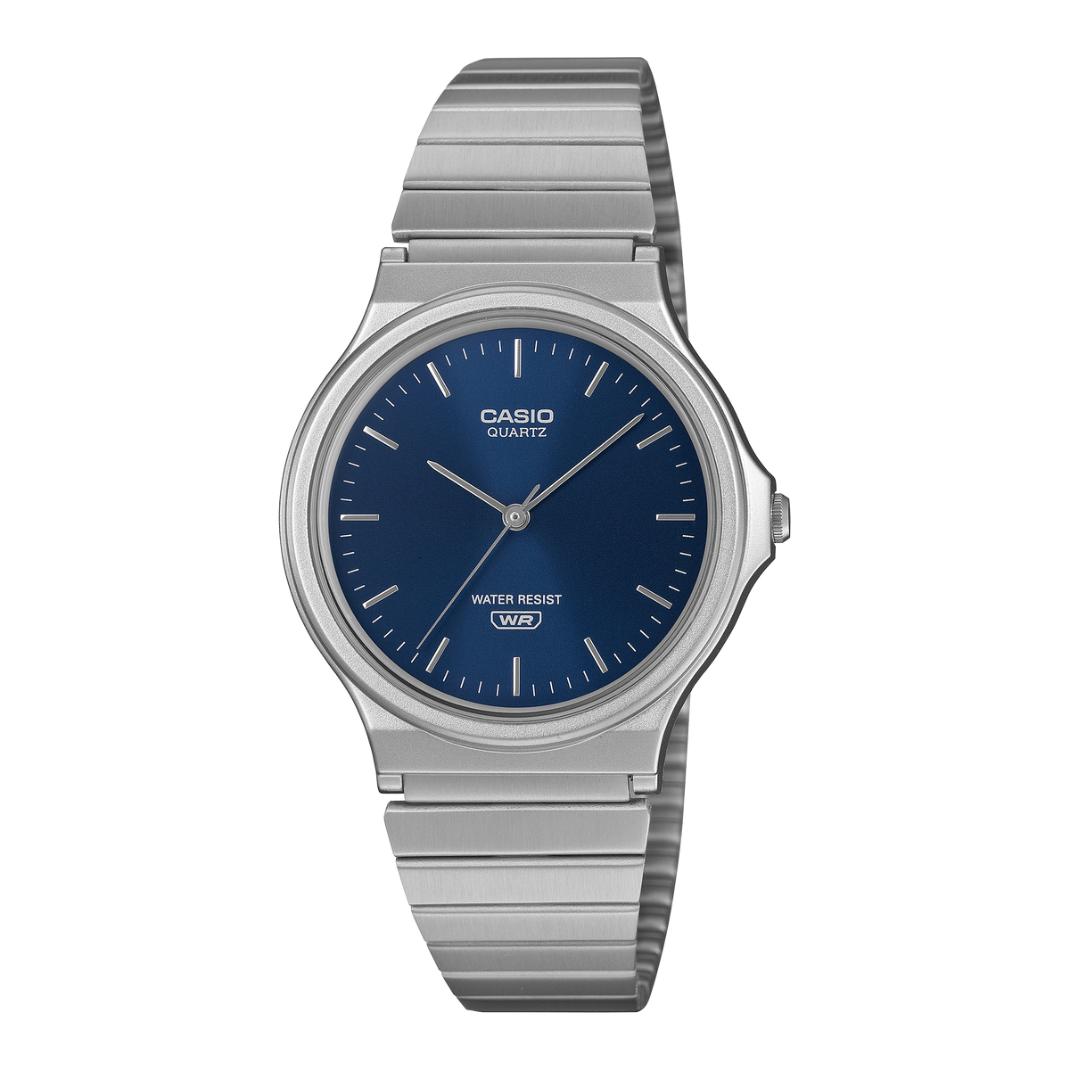Casio analogue wristwatch with a blue sunray dial and stainless steel band.