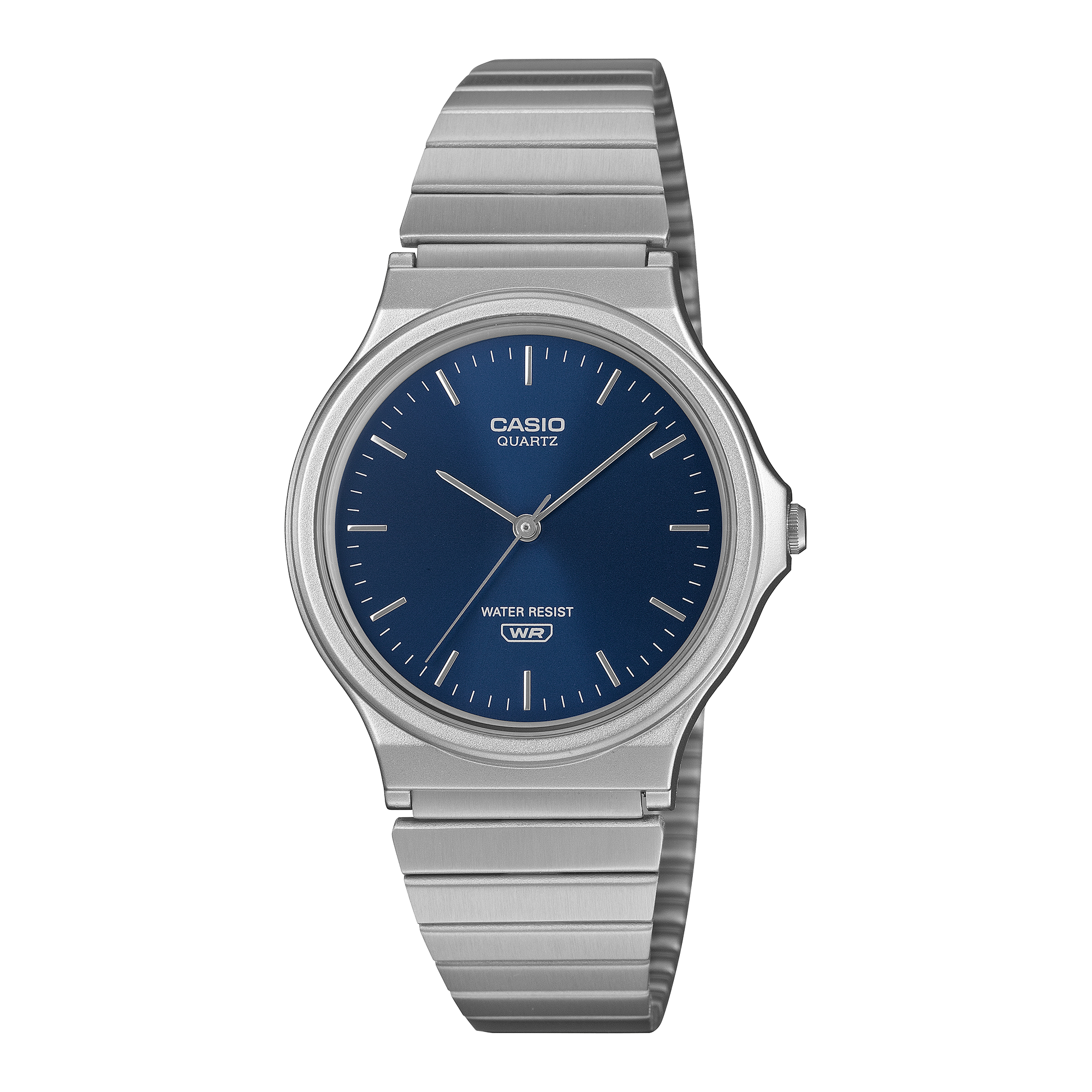 Casio analogue wristwatch with a blue sunray dial and stainless steel band.