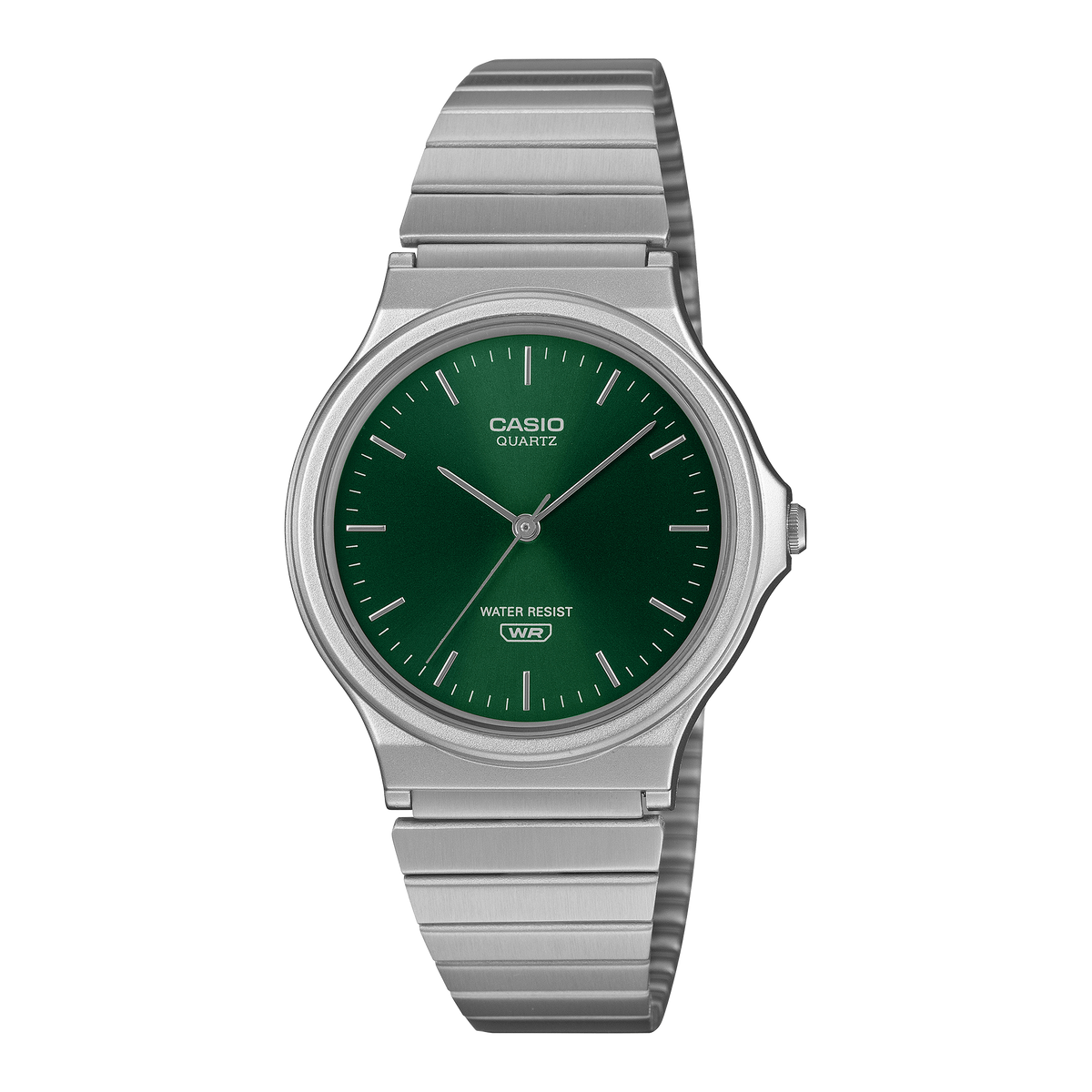 Casio analogue wristwatch with a green sunray dial and stainless steel band.