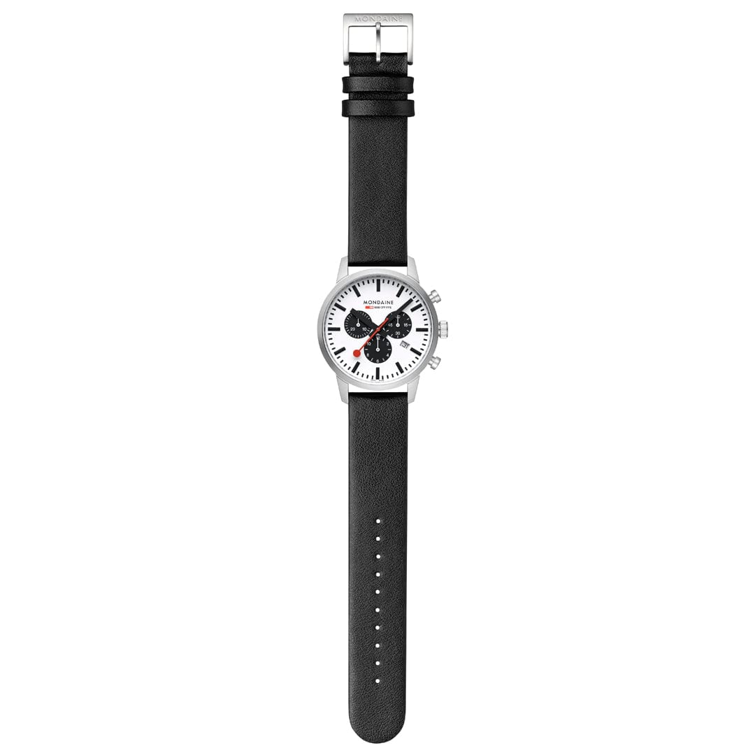 Wristwatch with a white face, black leather strap, and chronograph subdials.