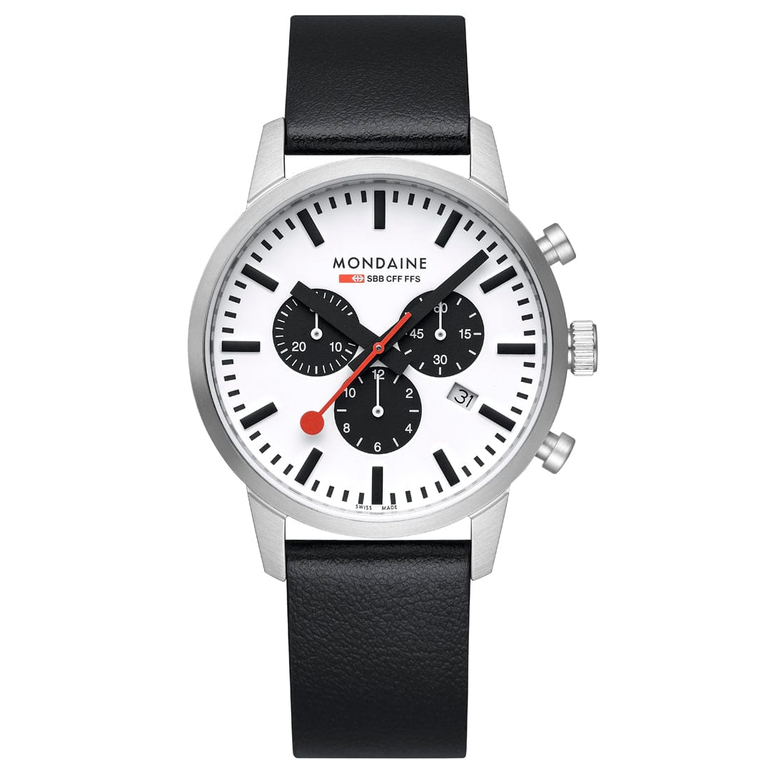 Sleek wristwatch with a white face, black subdials, and a black leather strap.