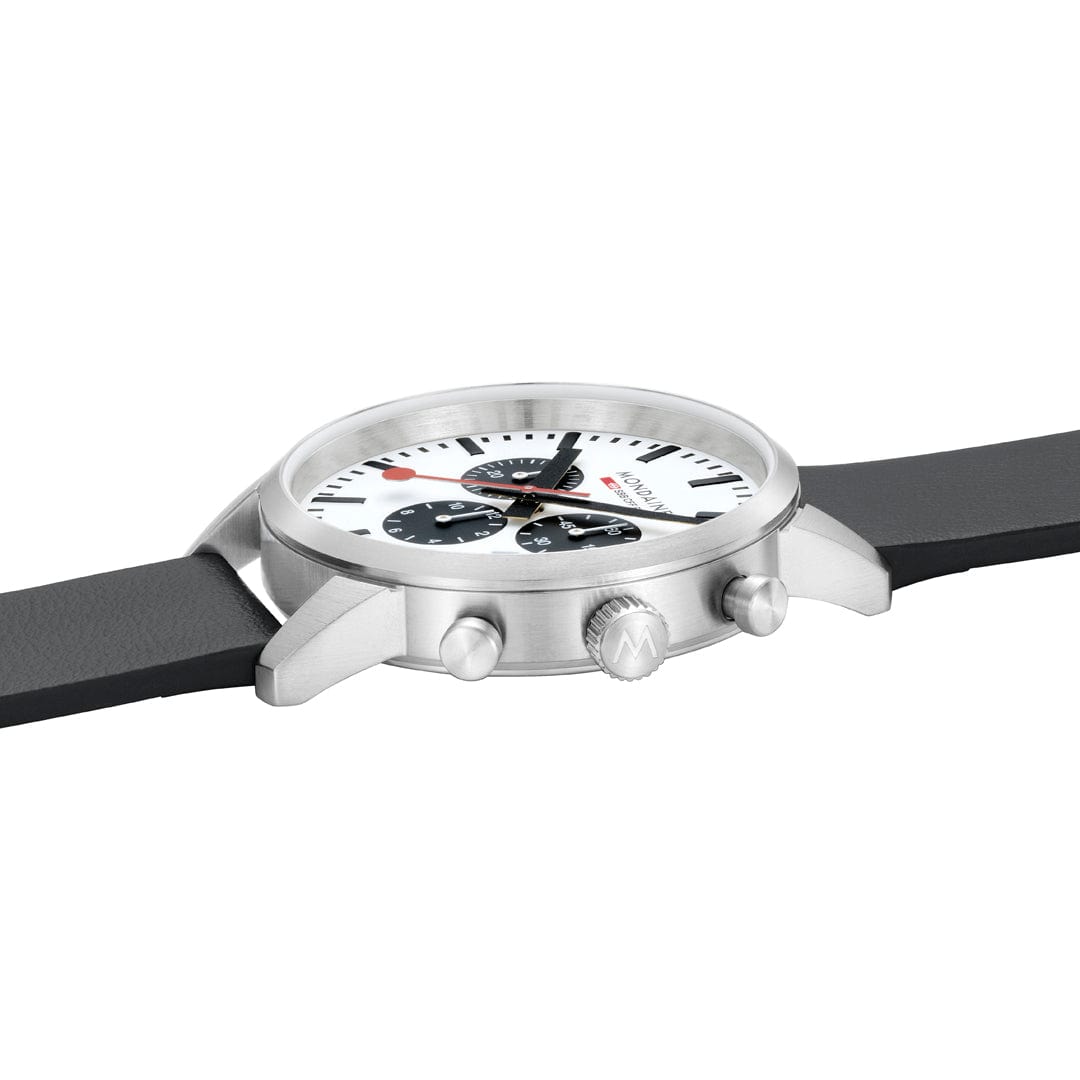 Sleek silver chronograph wristwatch with a white dial and black strap.