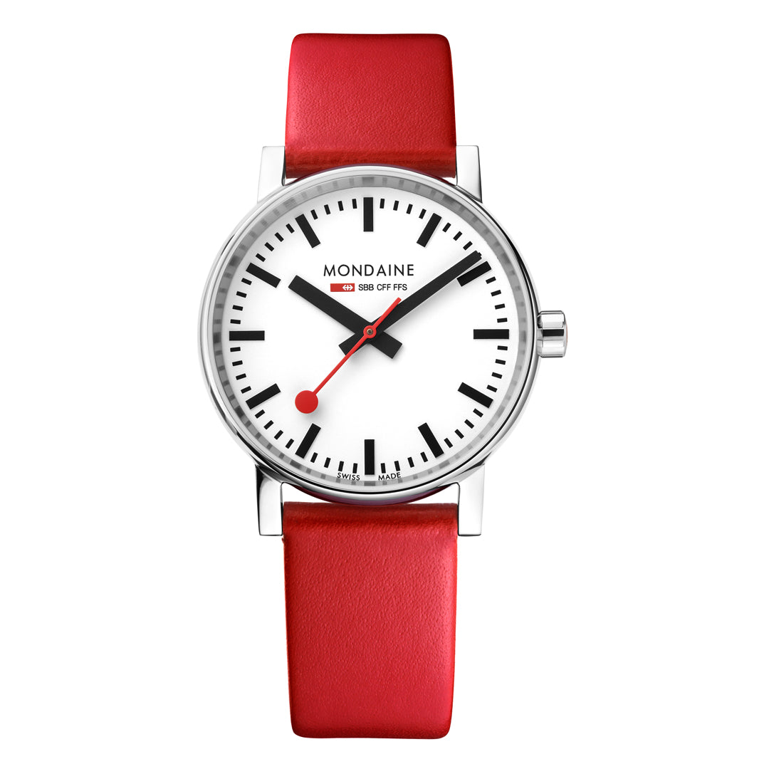 Red-strapped wristwatch with a white dial and silver case displaying the Mondaine brand.
