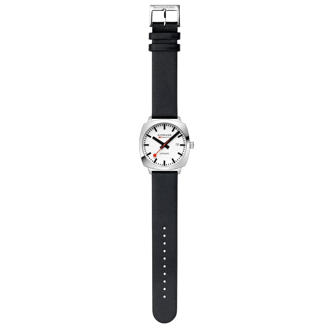 Mondaine Grand Cushion Automatic White Dial Black Leather Watch MSL.3961B.LBV