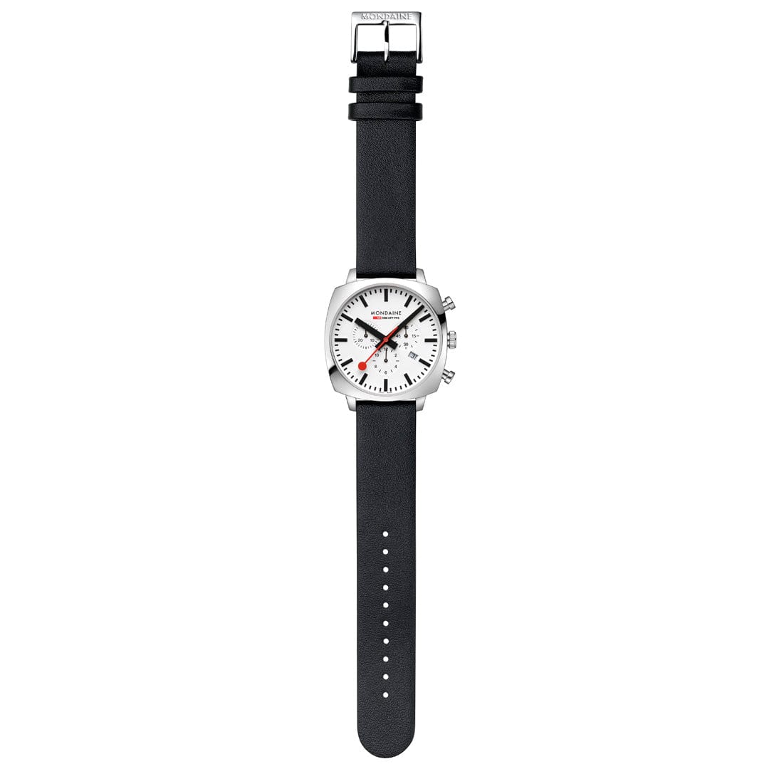 Wristwatch with a white face, chronograph subdials, and a black leather strap.
