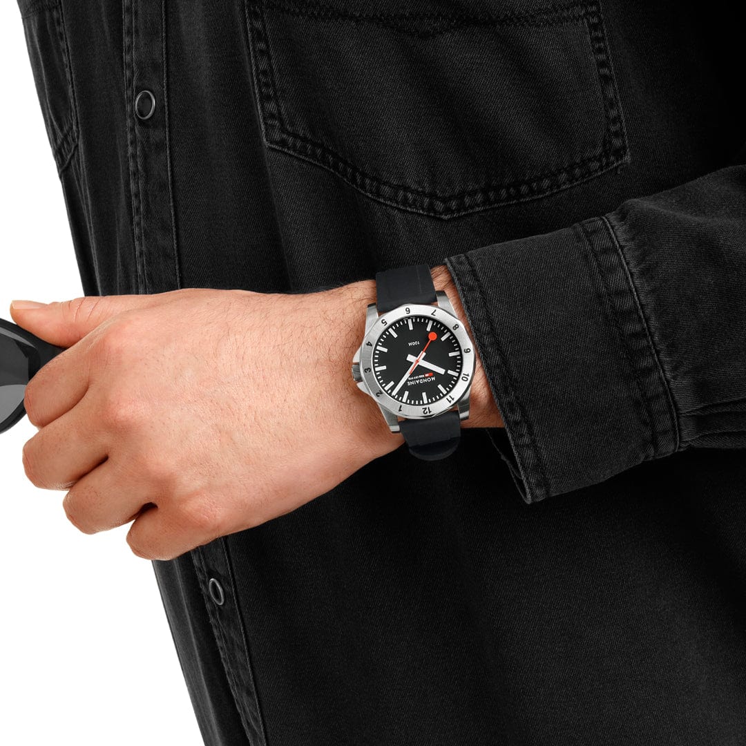 Mondaine Numeri Black Dial Black Silicon Strap Watch MSN.42120.RB