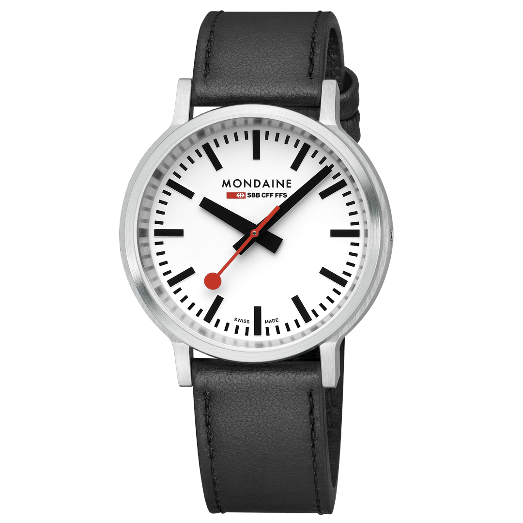Mondaine Stop2go White Dial Black Vegan Leather Strap Watch MST.4101B.LBV.2SE