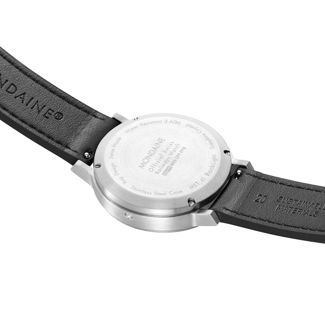 Mondaine Stop2go White Dial Black Vegan Leather Strap Watch MST.4101B.LBV.2SE