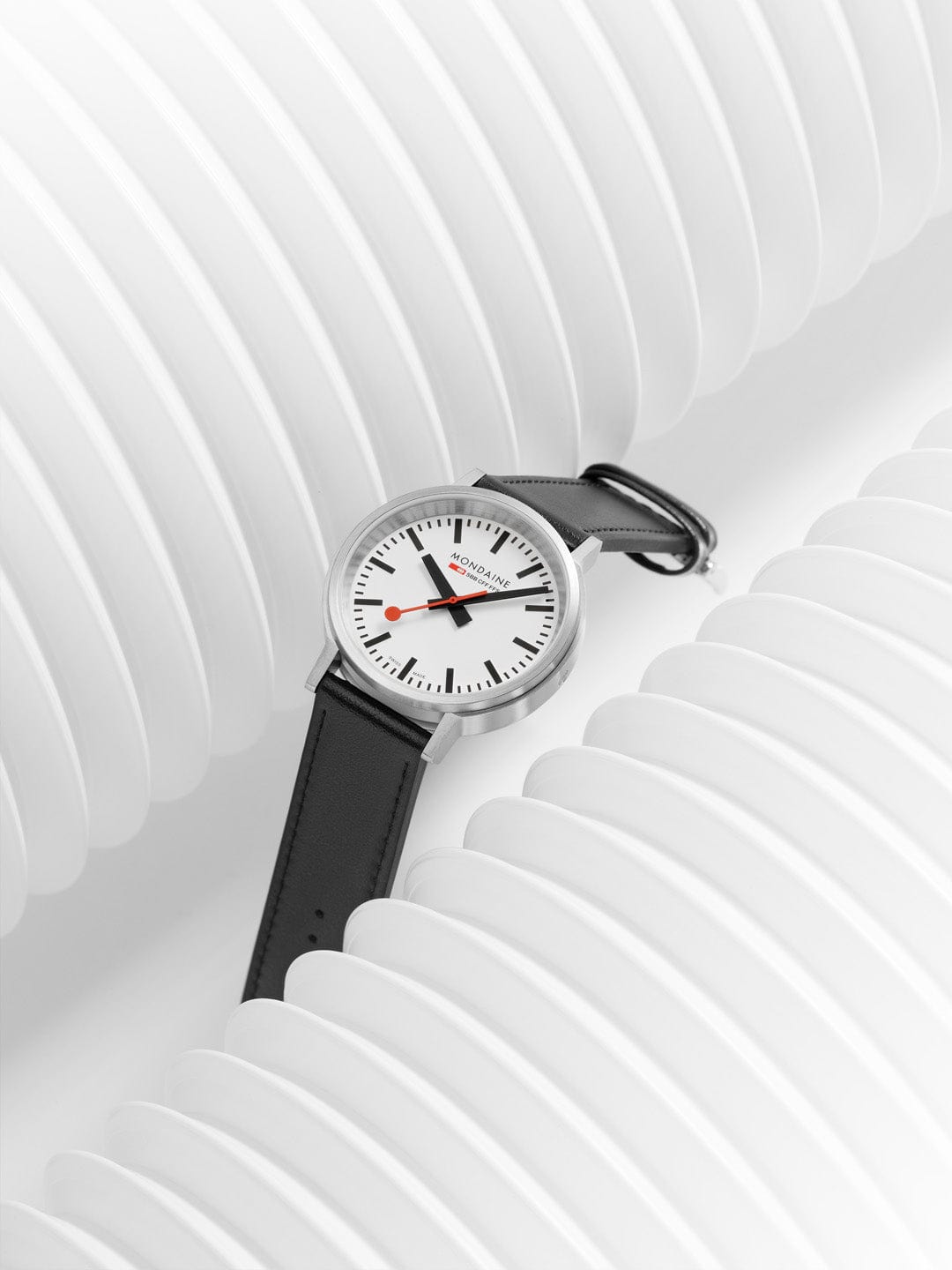 Mondaine Stop2go White Dial Black Vegan Leather Strap Watch MST.4101B.LBV.2SE