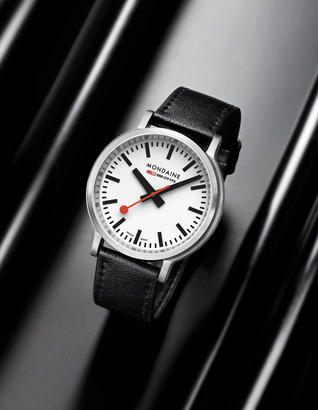 Mondaine Stop2go White Dial Black Vegan Leather Strap Watch MST.4101B.LBV.2SE