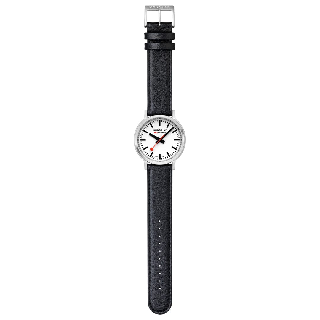 Mondaine Stop2go White Dial Black Vegan Leather Strap Watch MST.4101B.LBV.2SE