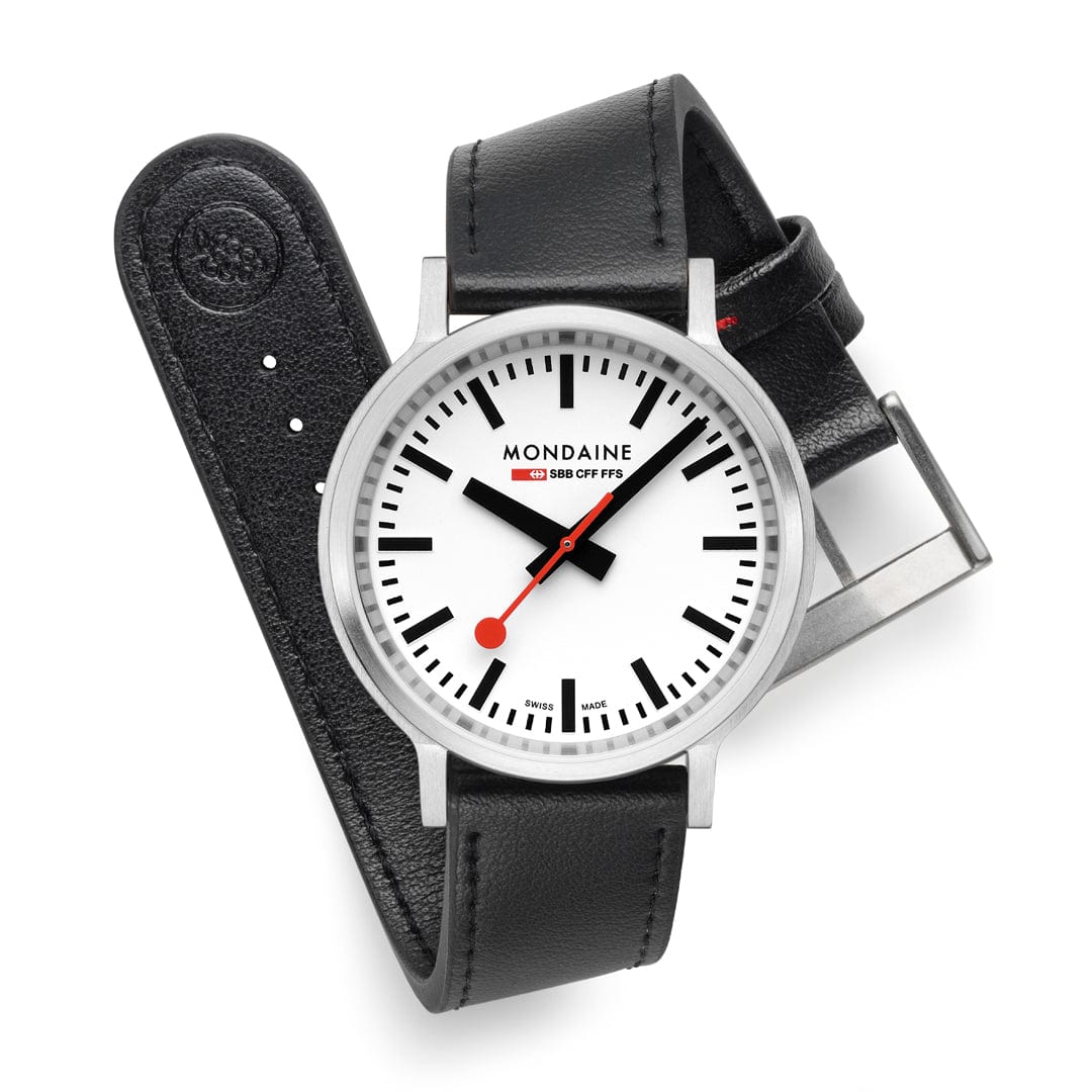 Mondaine Stop2go White Dial Black Vegan Leather Strap Watch MST.4101B.LBV.2SE