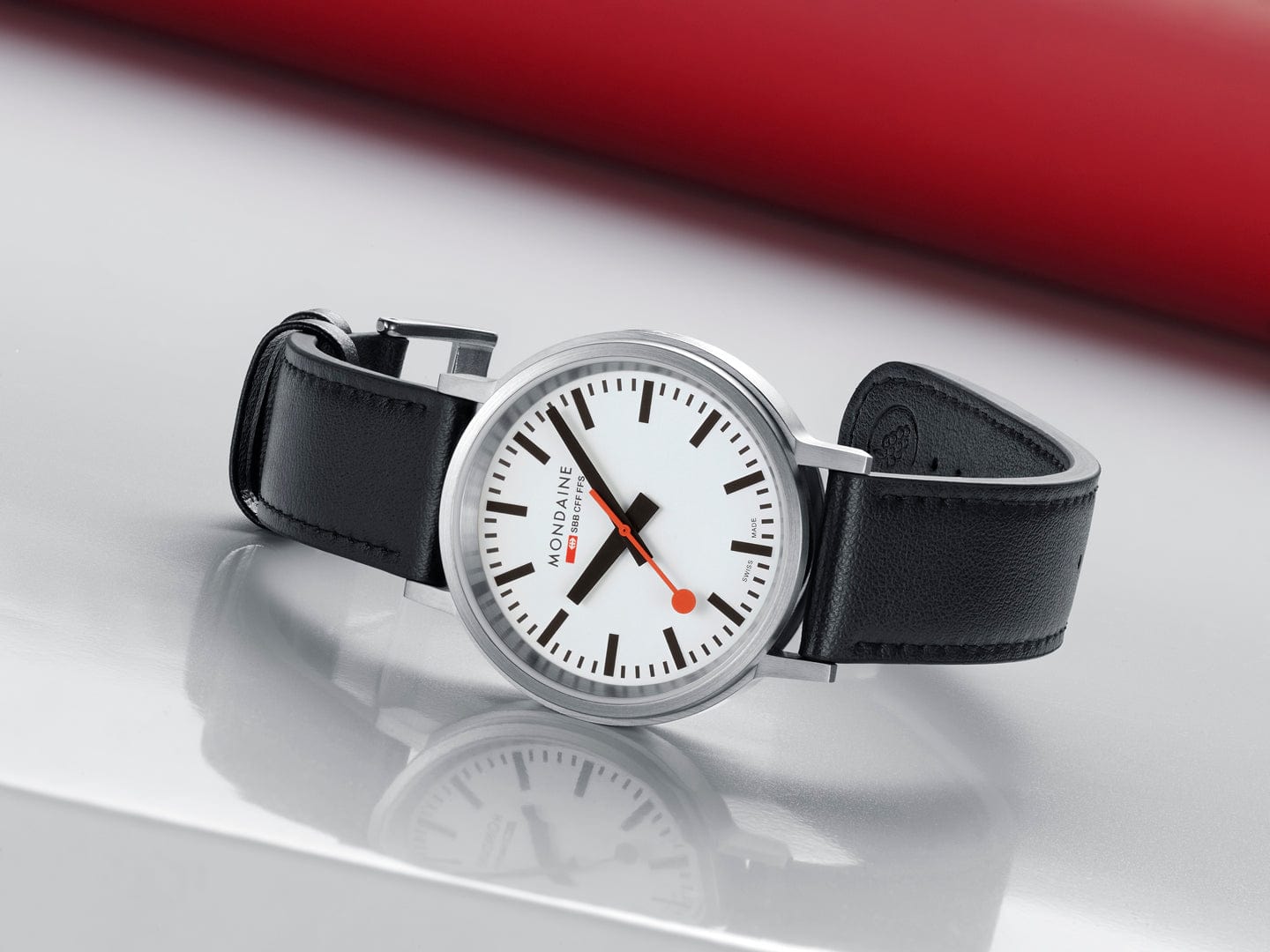 Mondaine Stop2go White Dial Black Vegan Leather Strap Watch MST.4101B.LBV.2SE