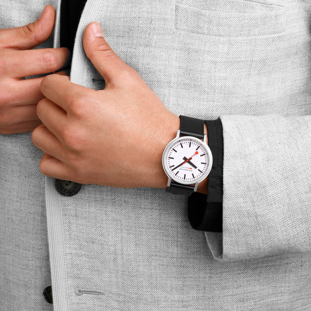 Mondaine Stop2go White Dial Black Vegan Leather Strap Watch MST.4101B.LBV.2SE