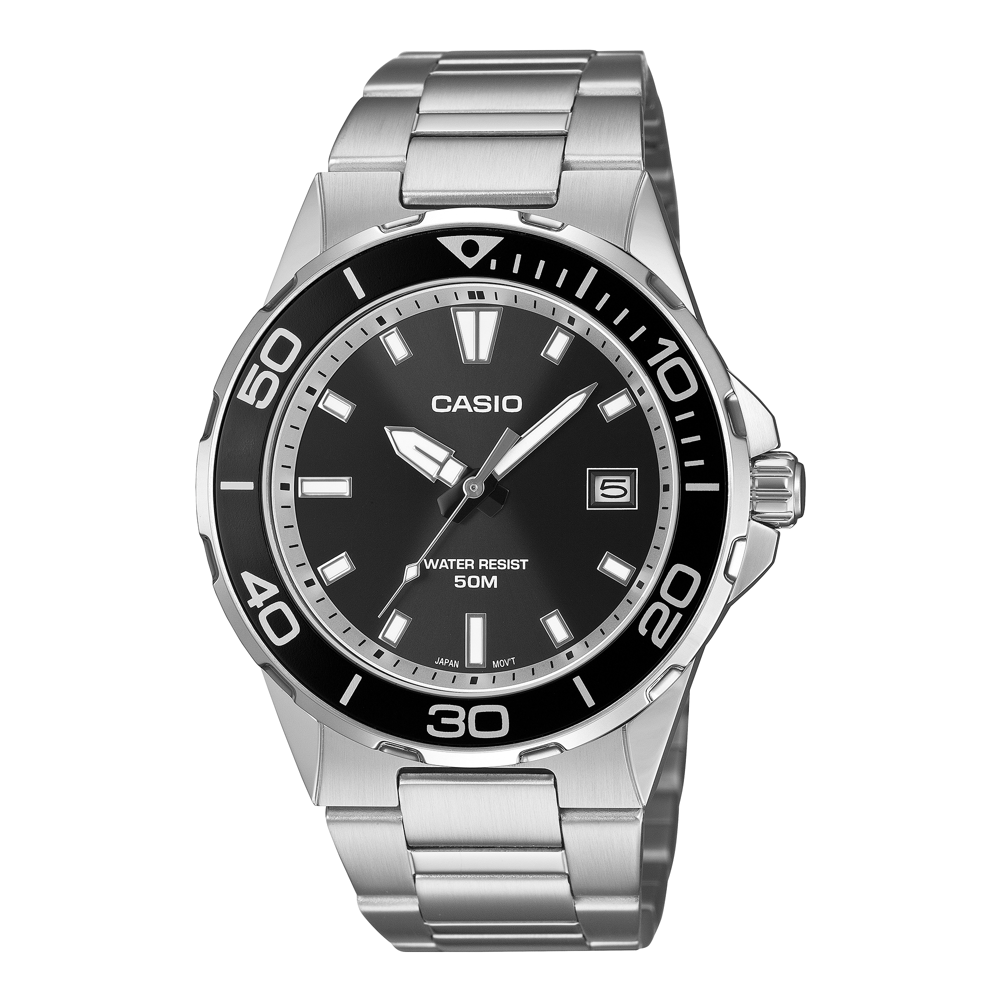 Casio MTD-145D-1A black dial with aluminium bezel on a steel bracelet, shown straight on.