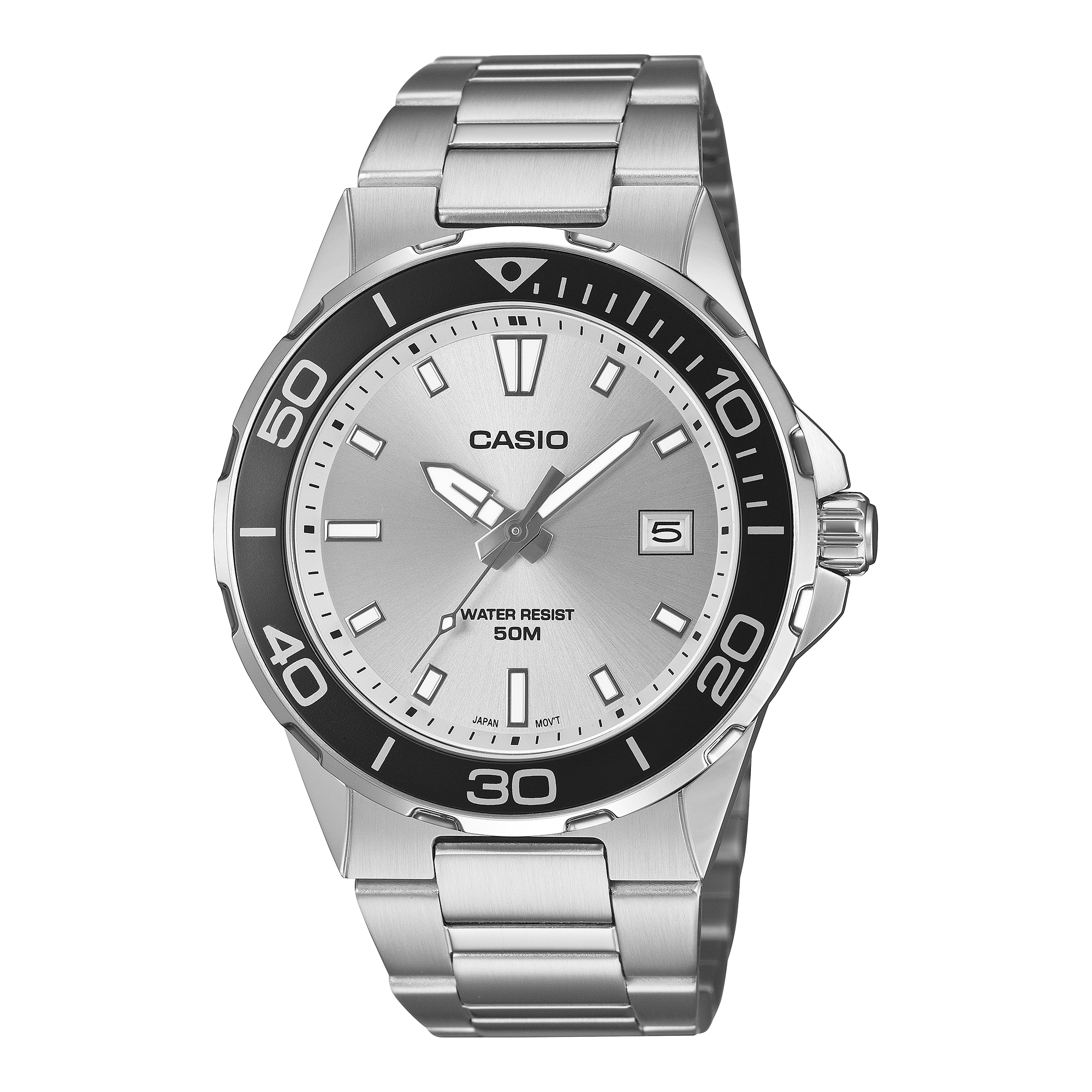 Casio MTD-145D-7A silver dial with aluminium bezel on a steel bracelet, shown straight on.