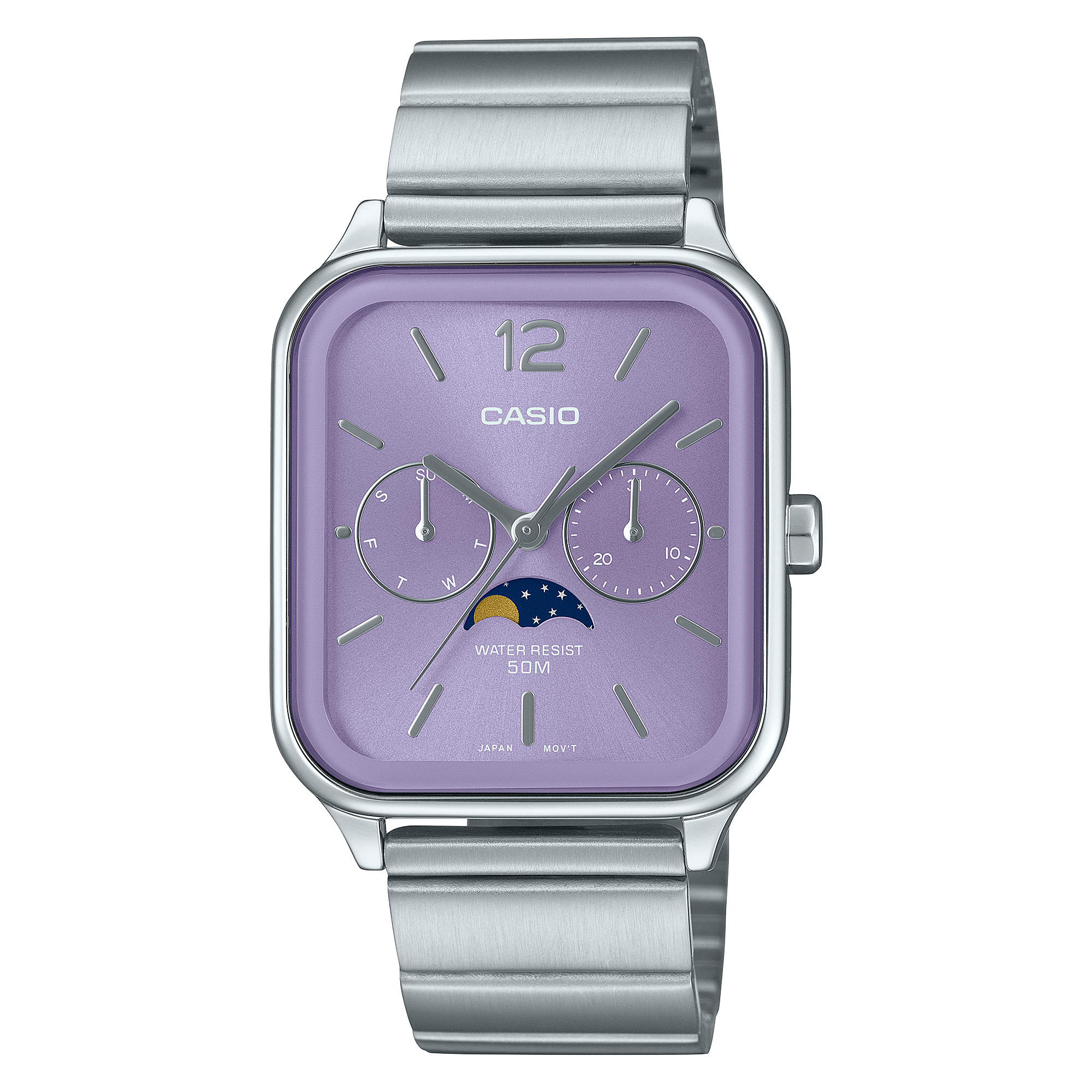 Casio Analogue Moon Phase Pale Purple Dial Stainless Steel Watch MTPM305D-6A