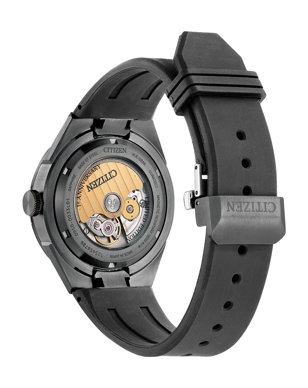 Black wristwatch with a visible mechanical movement through the transparent case back.