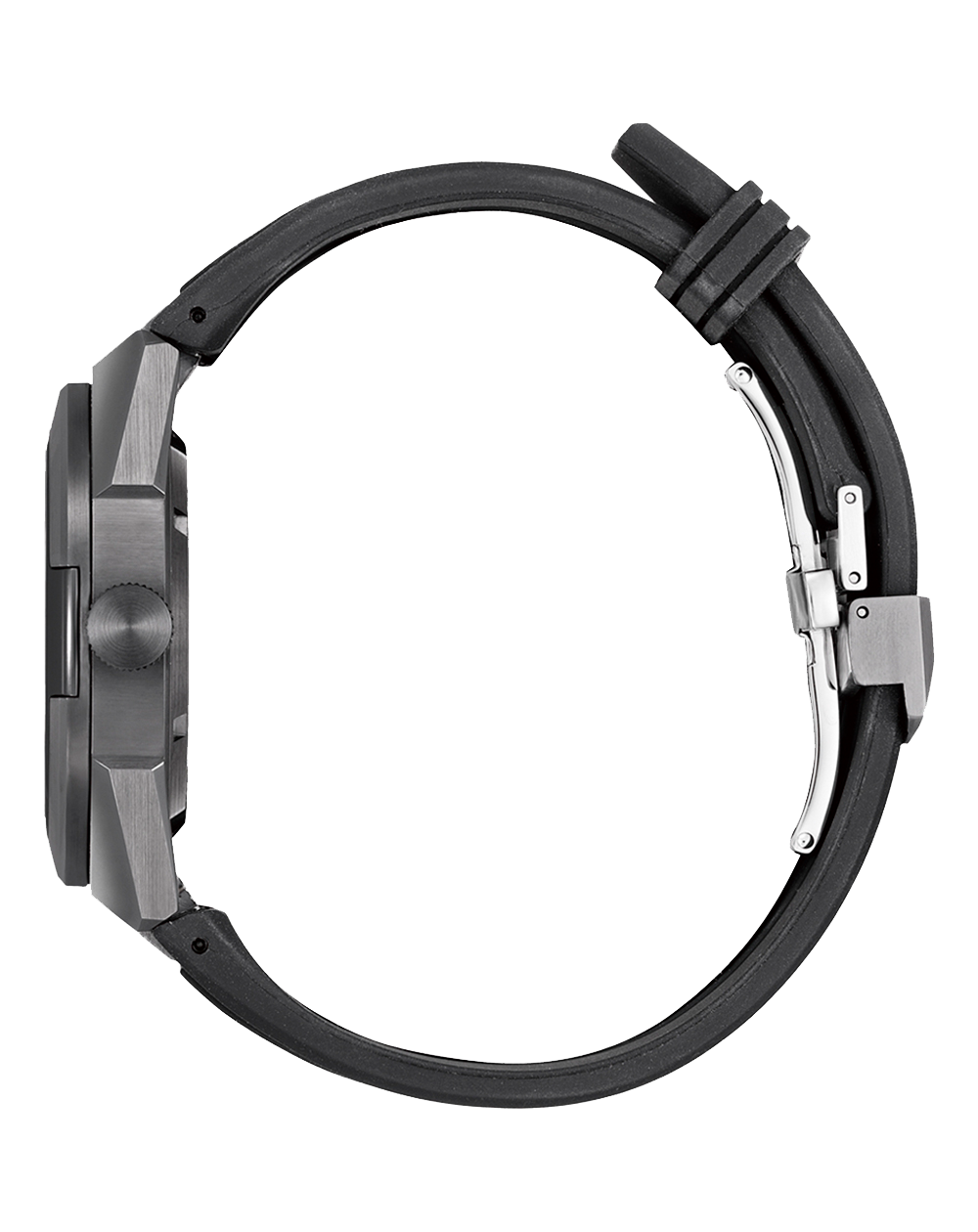 Sleek black wristwatch with a round face and rubber strap.