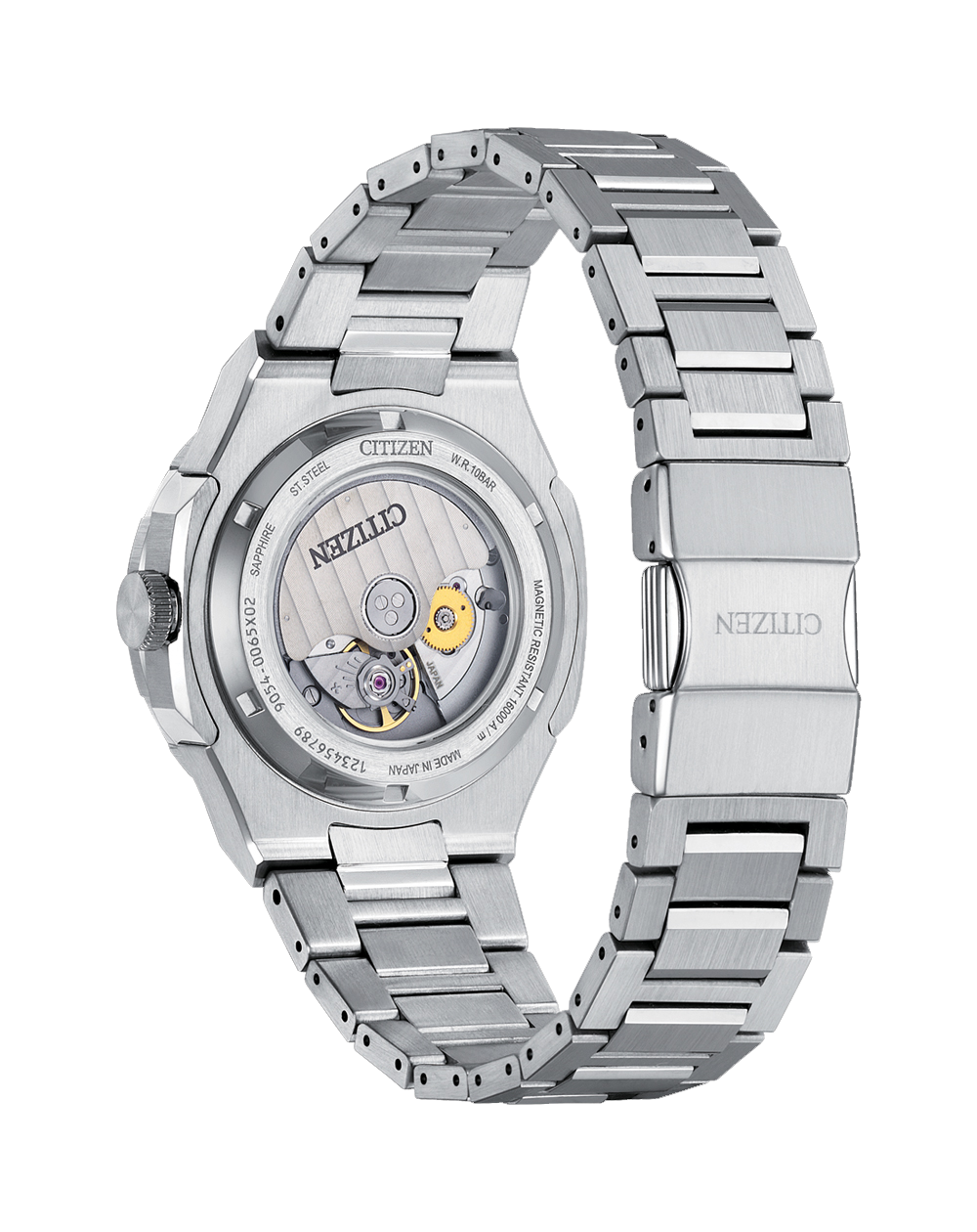 Silver wristwatch with a visible mechanical movement through the transparent case back.