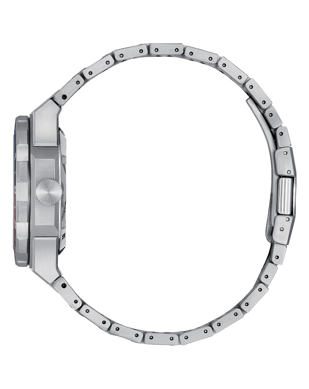 Stainless steel wristwatch with a metal link bracelet viewed from the side.