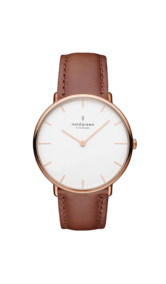 Nordgreen Native 28mm Rose Gold Case Brown Leather Strap Watch