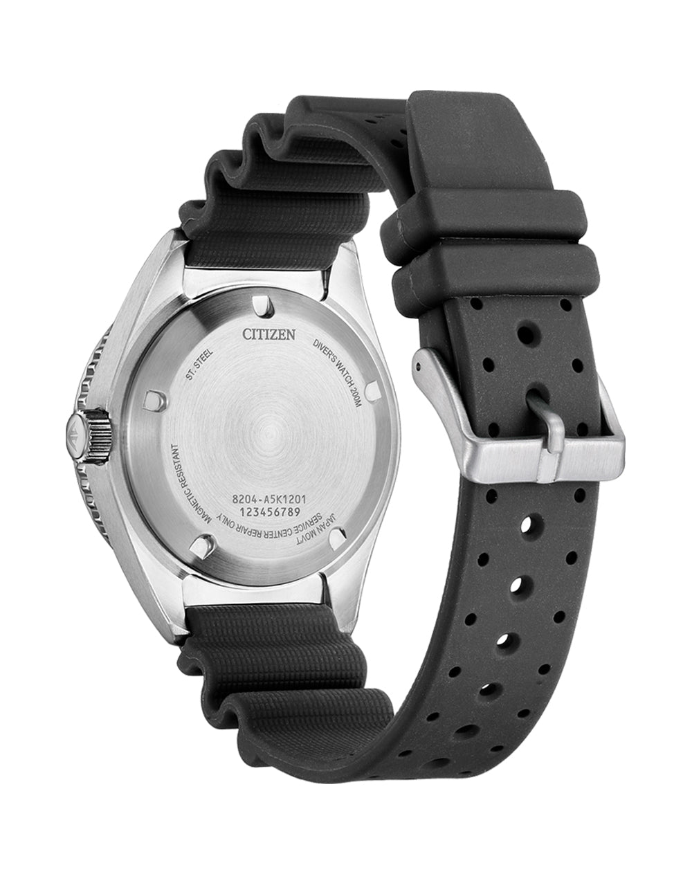 Wristwatch with a black rubber strap and silver-toned case, shown from the back.