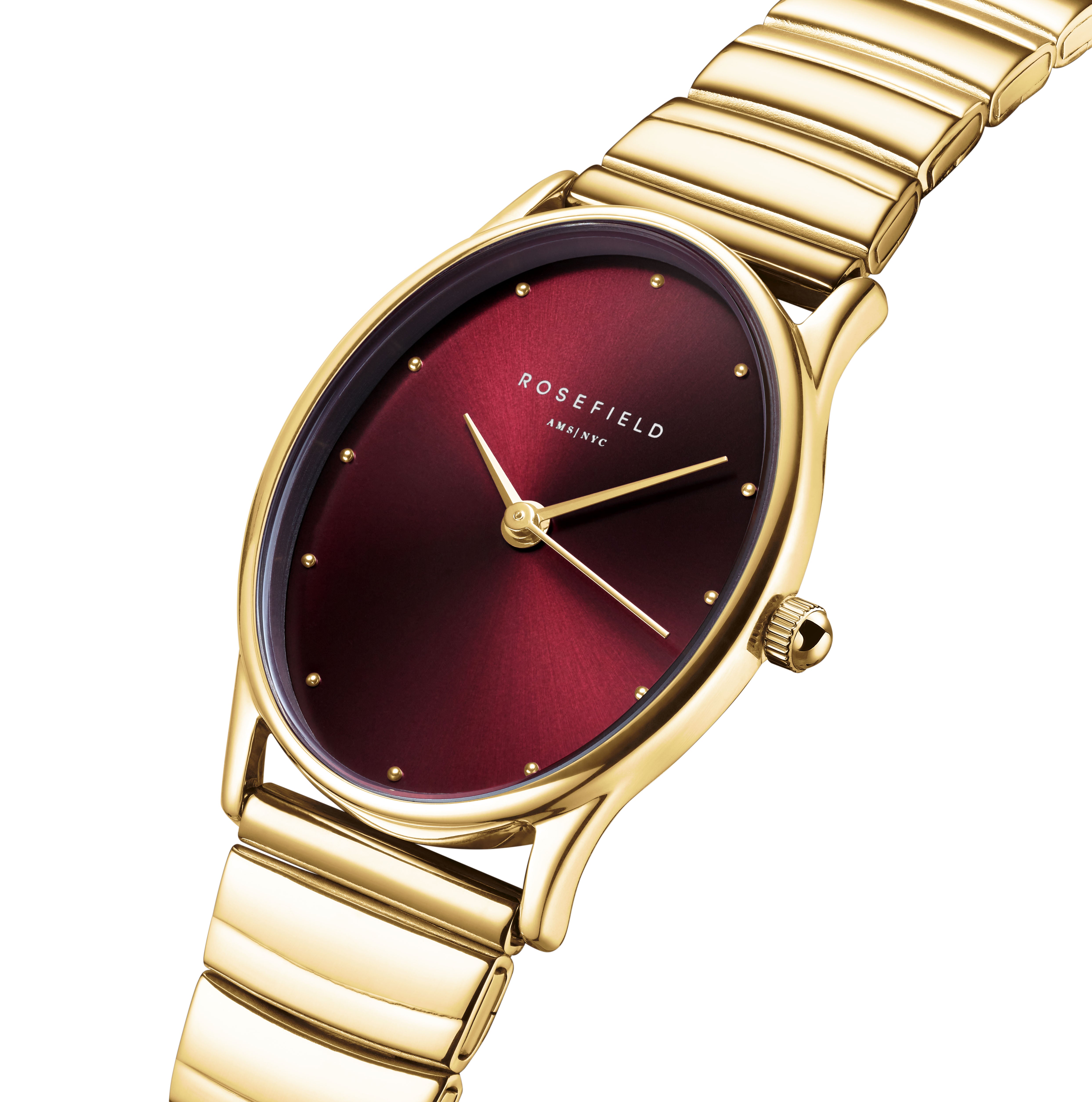 Rosefield Oval Burgundy Sunray Gold Matte & Shine Finish Watch OVGSG-OV15