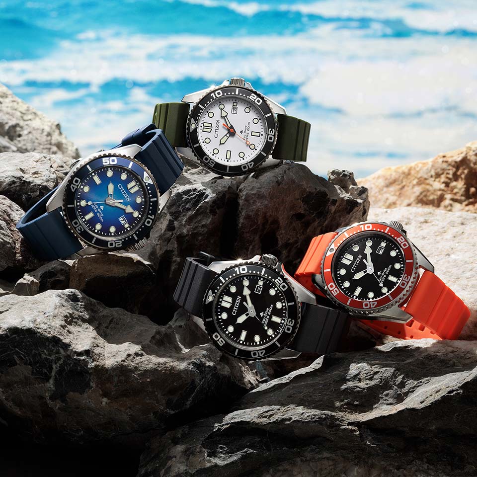 Citizen Promaster Diver BN0268-01E men's watch black dial orange rubber strap angled view