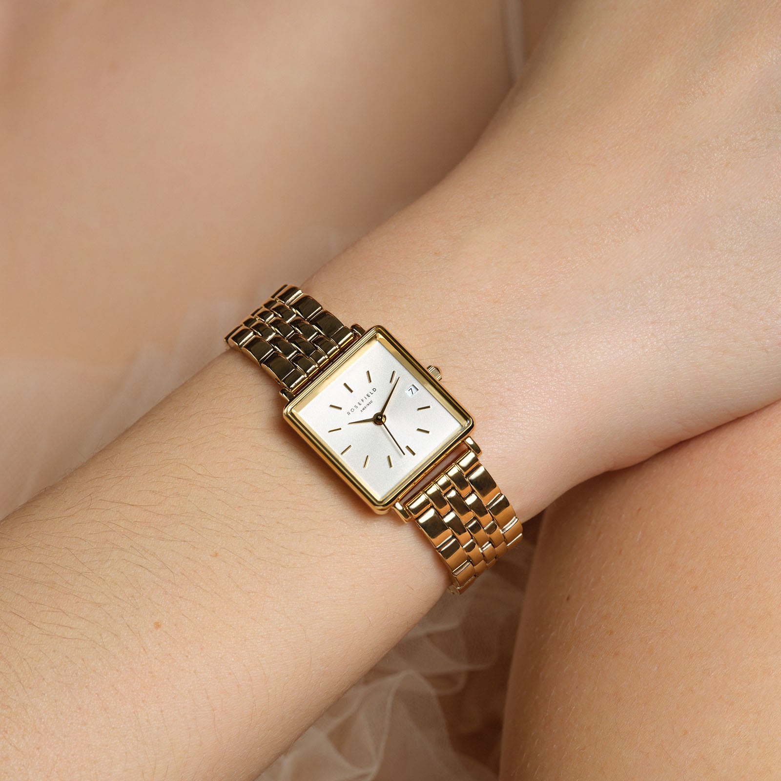 Rosefield The Boxy XS White Sunray Steel Gold Watch QMWSG-Q021