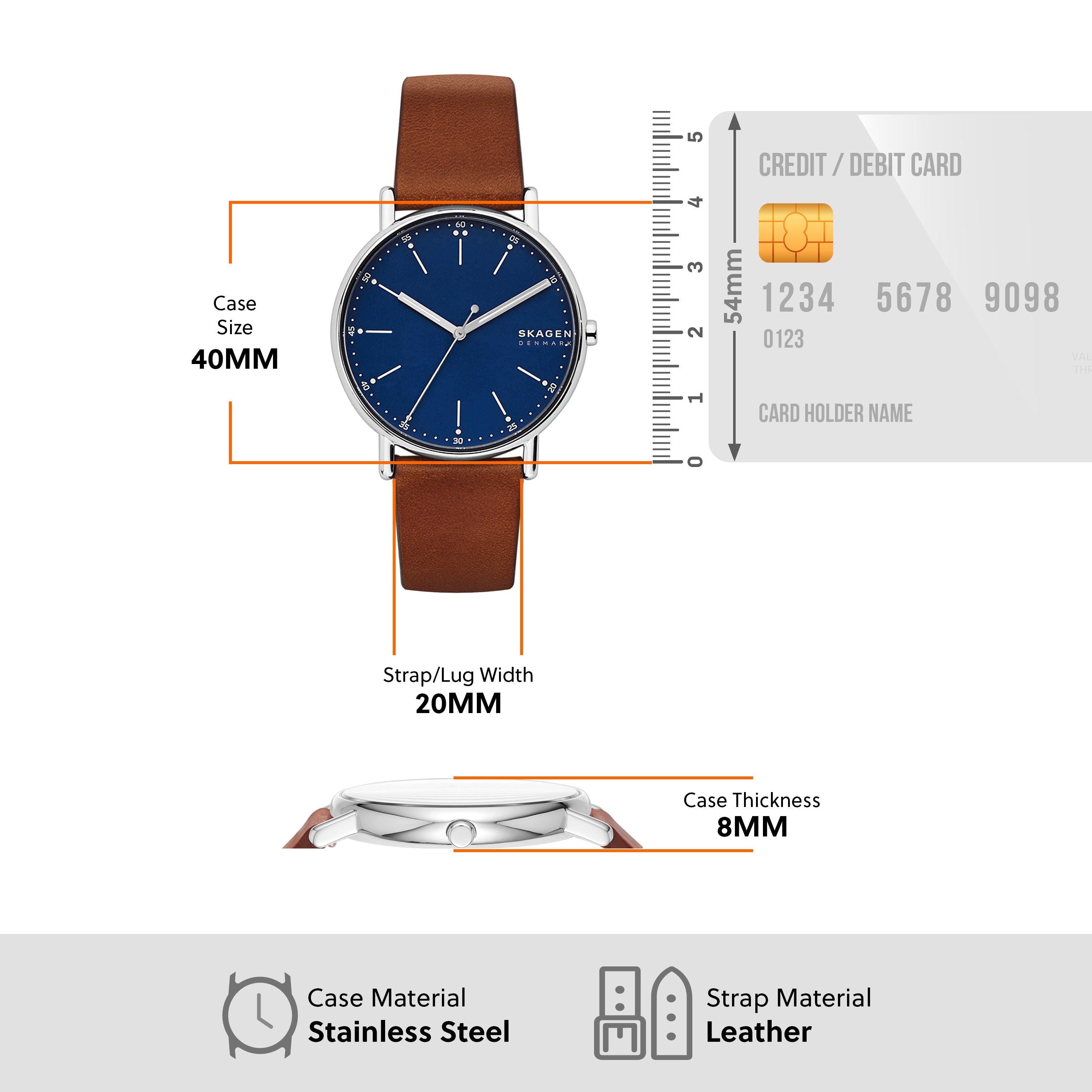 Wristwatch with a blue dial, brown leather strap, and silver case.