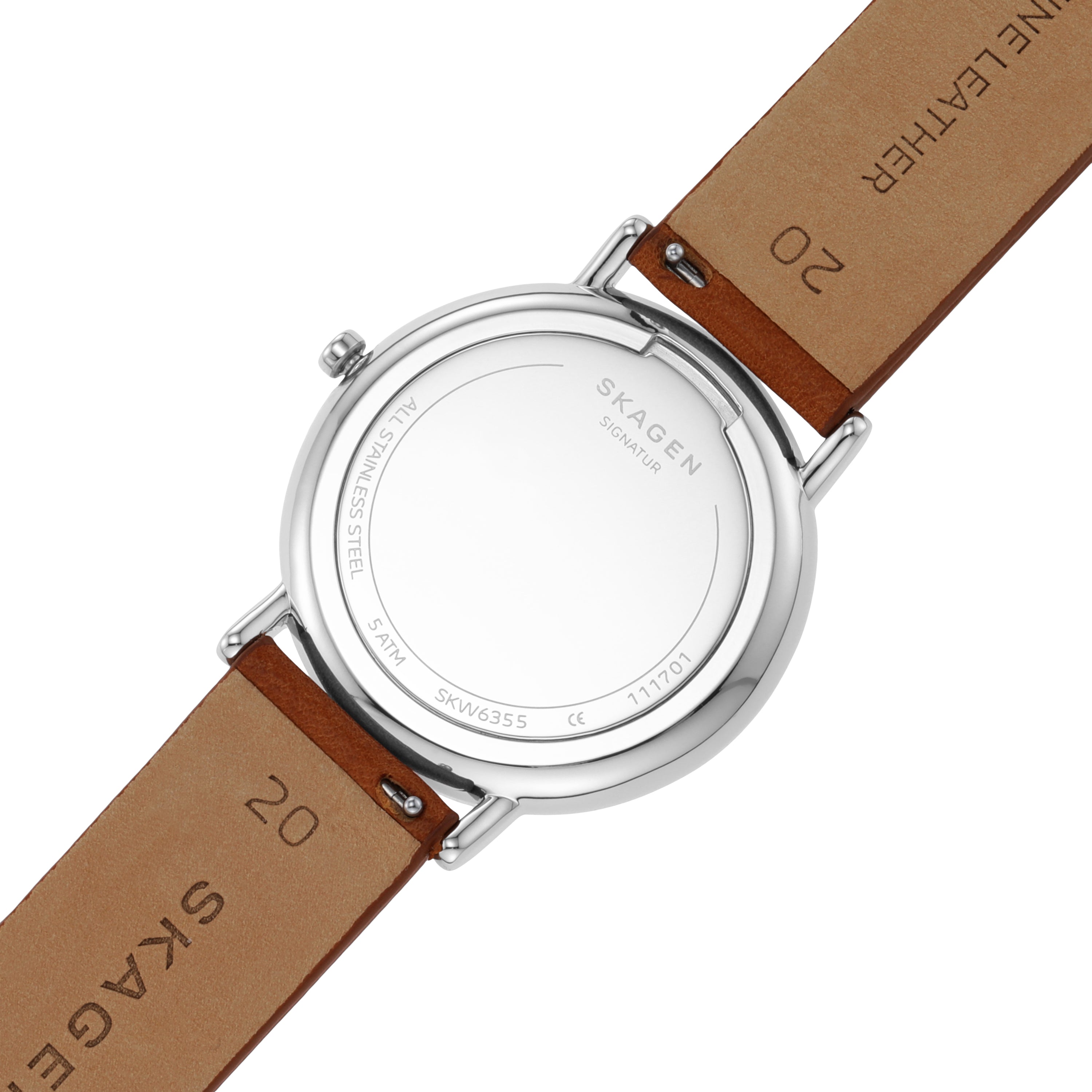Back of a wristwatch with a brown leather strap.