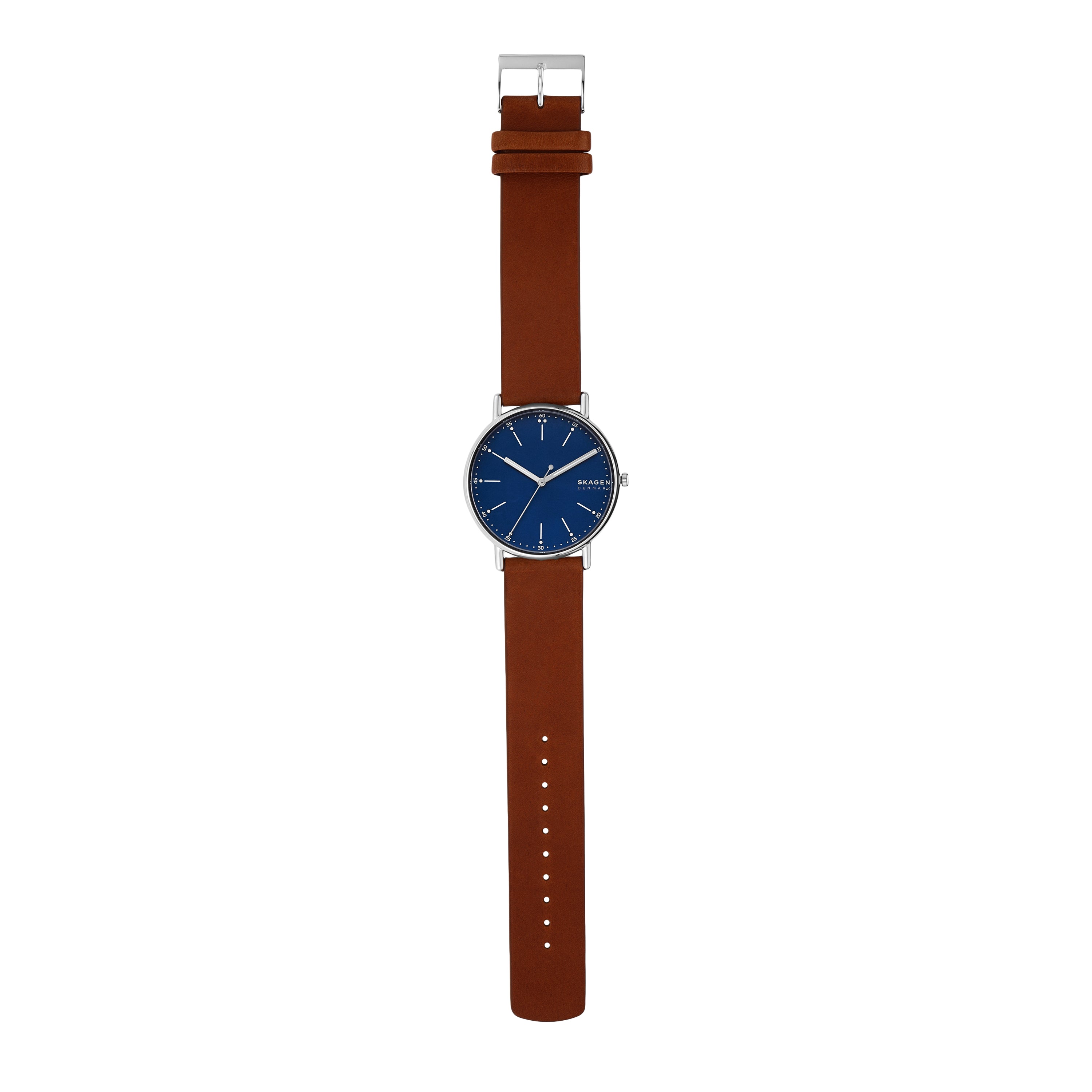 Wristwatch with a blue dial face and brown leather strap.
