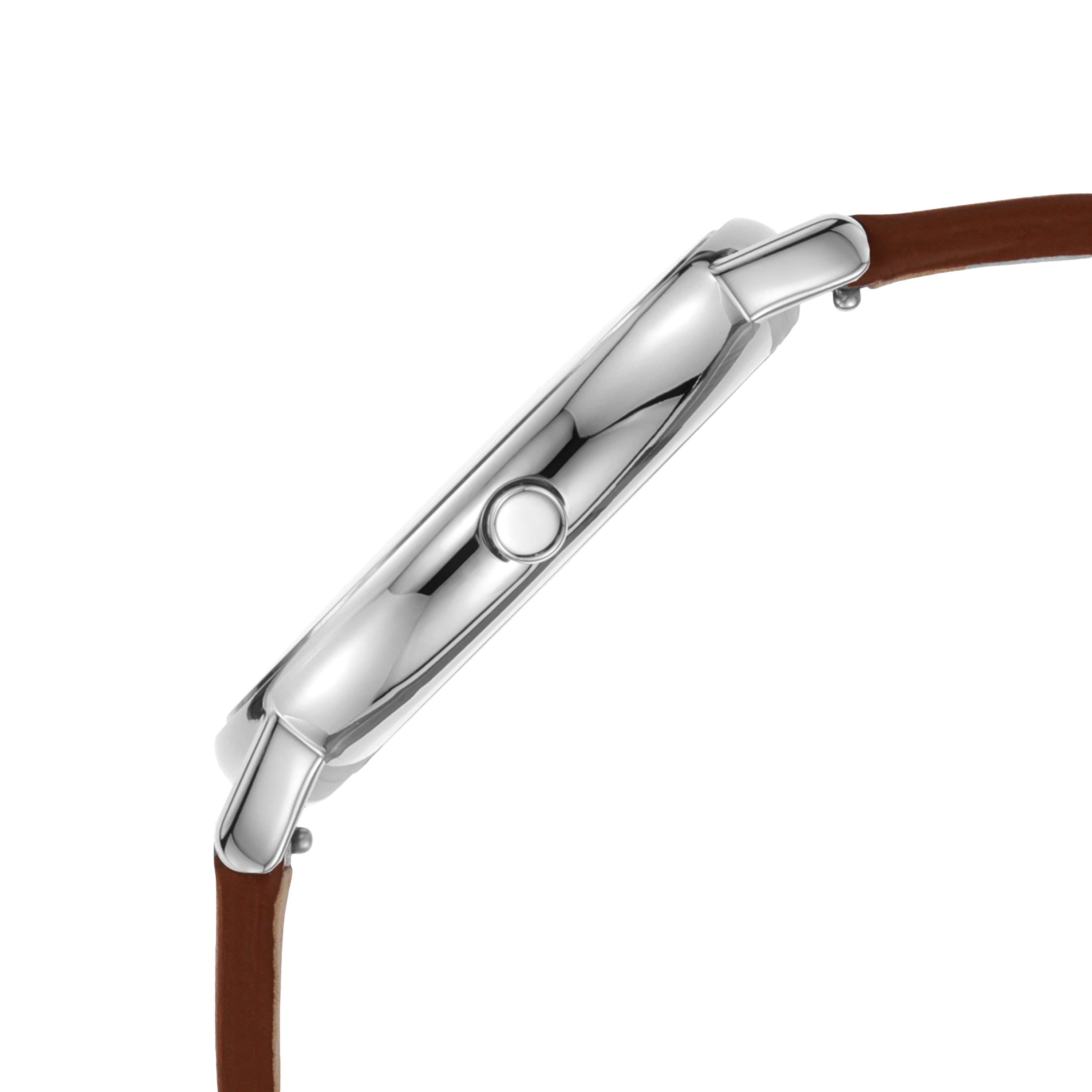 Sleek silver wristwatch with a brown leather strap.