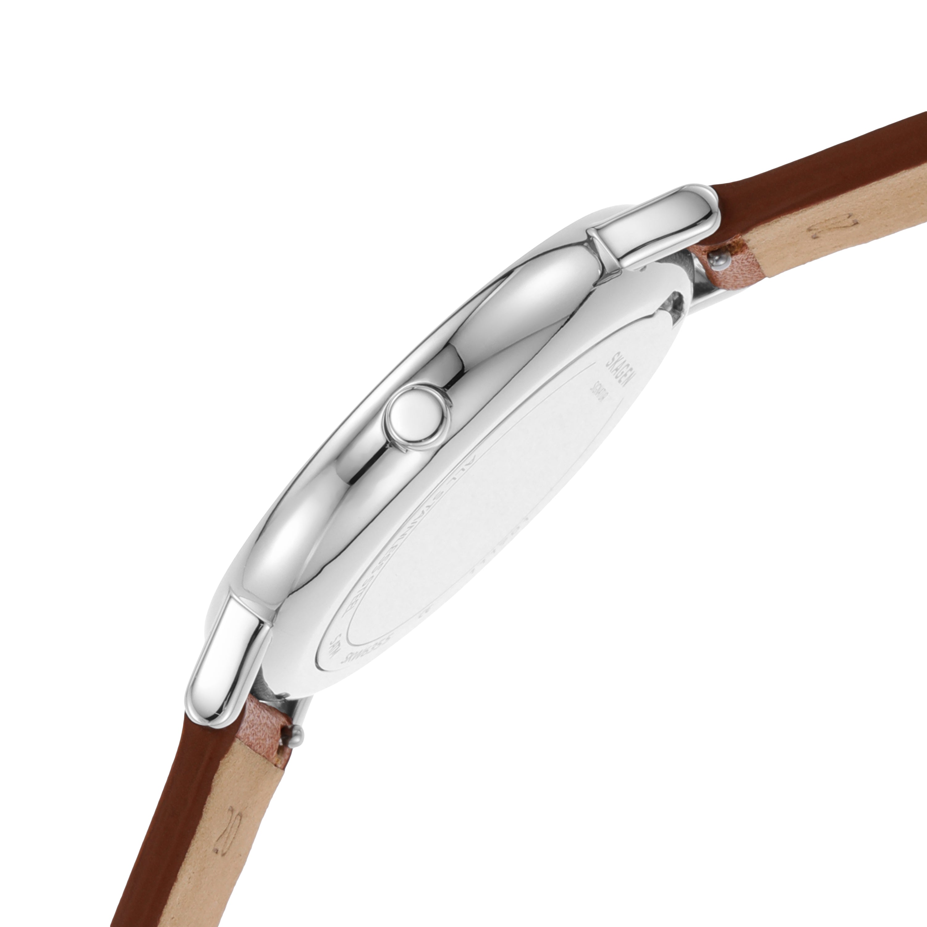 Side view of a wristwatch with a silver case and brown leather strap.