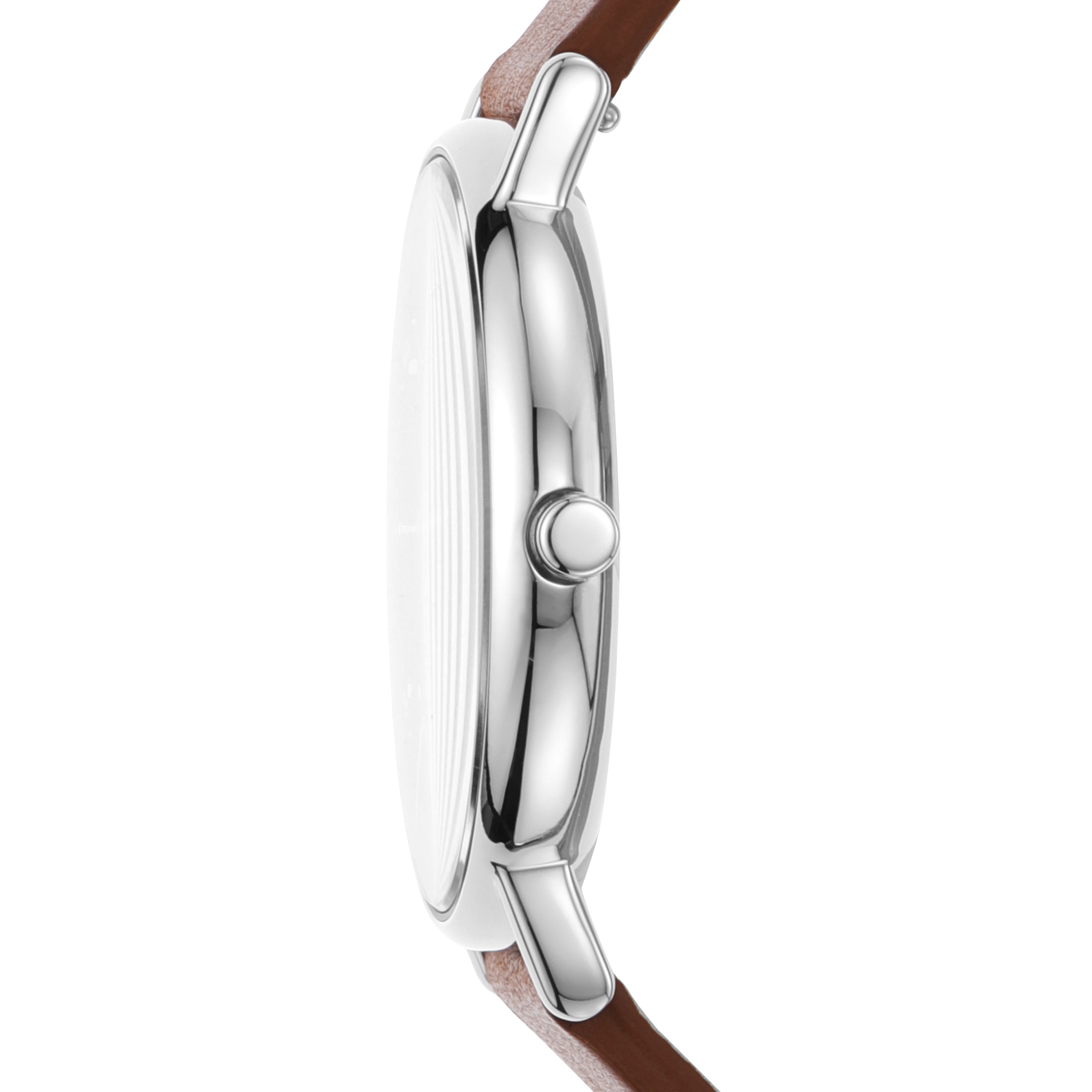 Sleek silver wristwatch with a brown leather strap and minimalist round face.