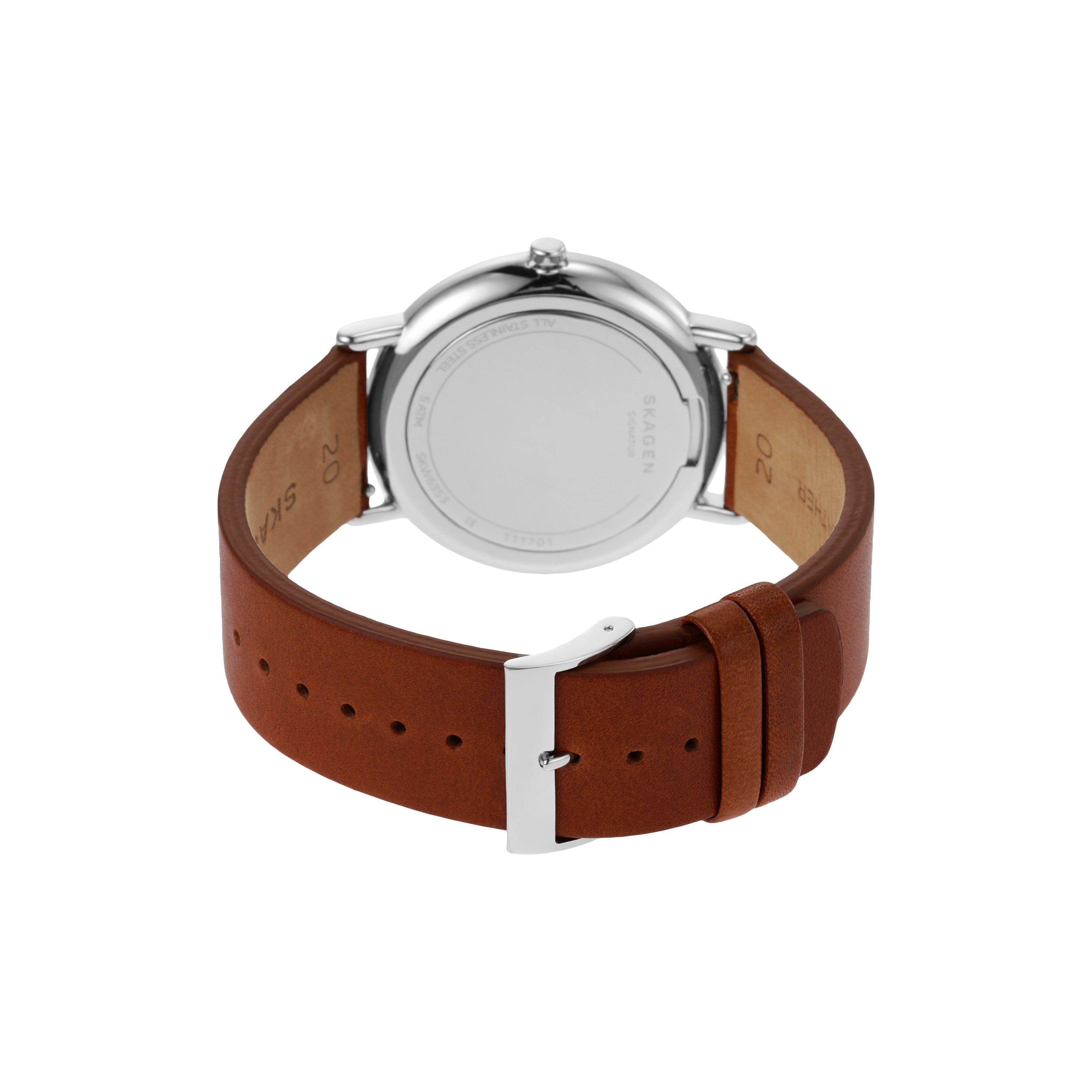 Wristwatch with a brown leather strap and silver-toned case.