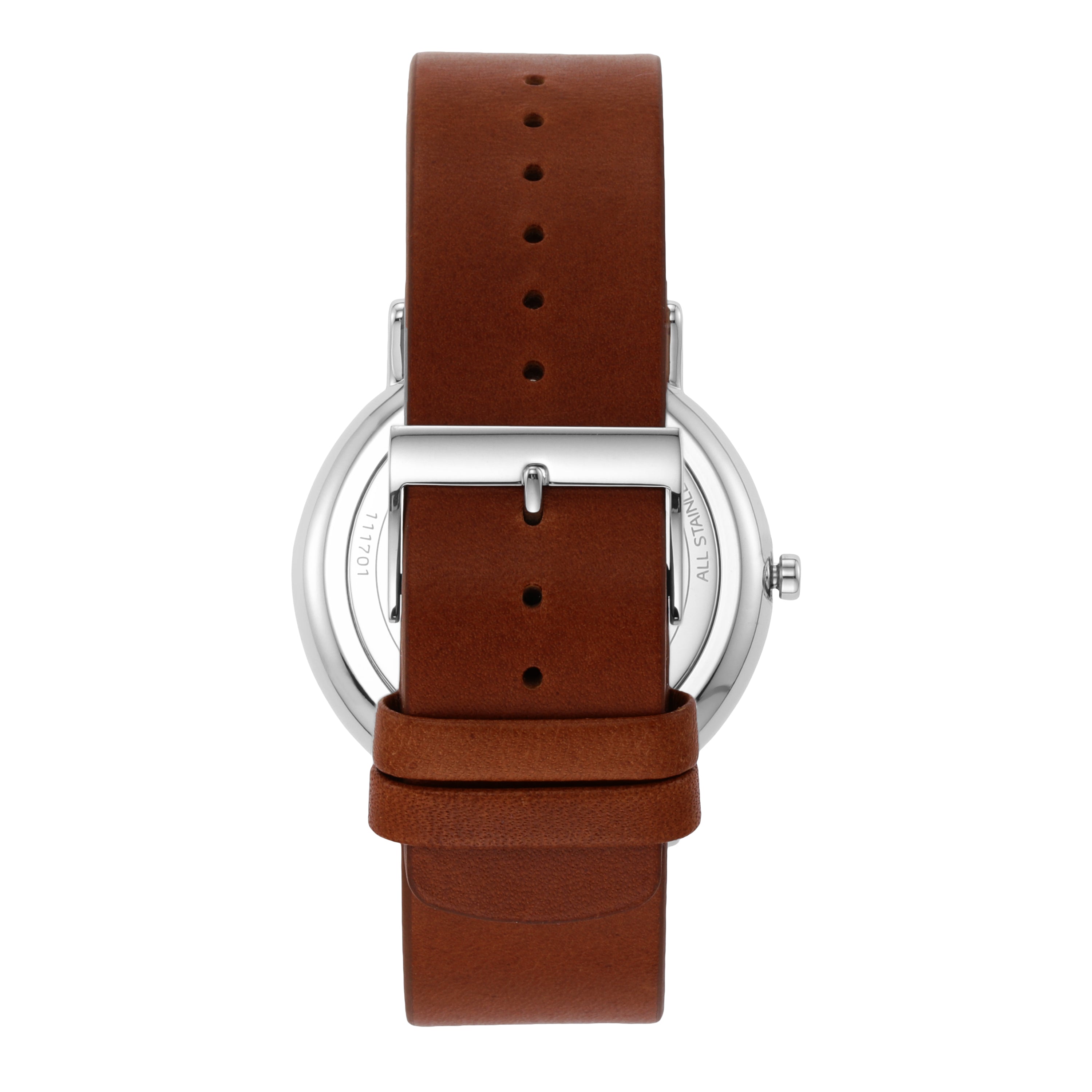 Wristwatch with a silver case and brown leather strap.