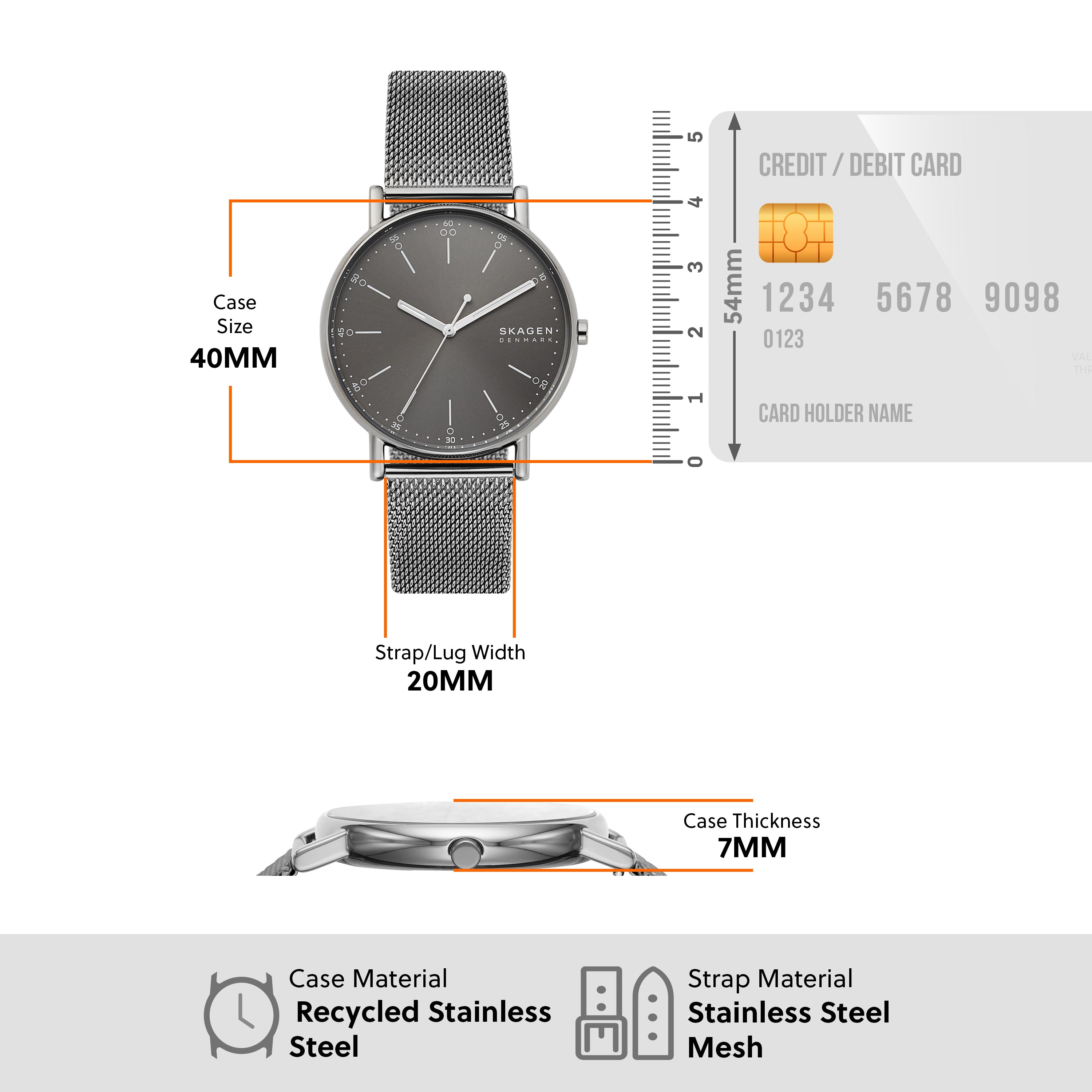Sleek wristwatch with a gray mesh strap and circular face.