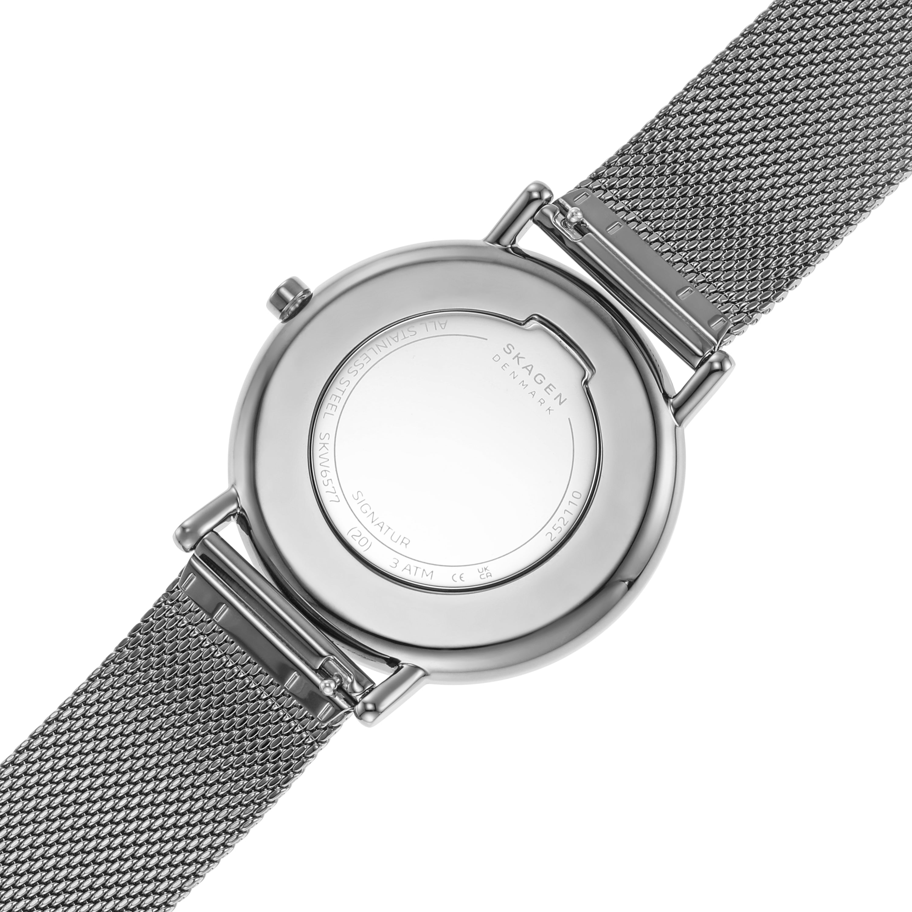 Wristwatch with a silver mesh band and round face.