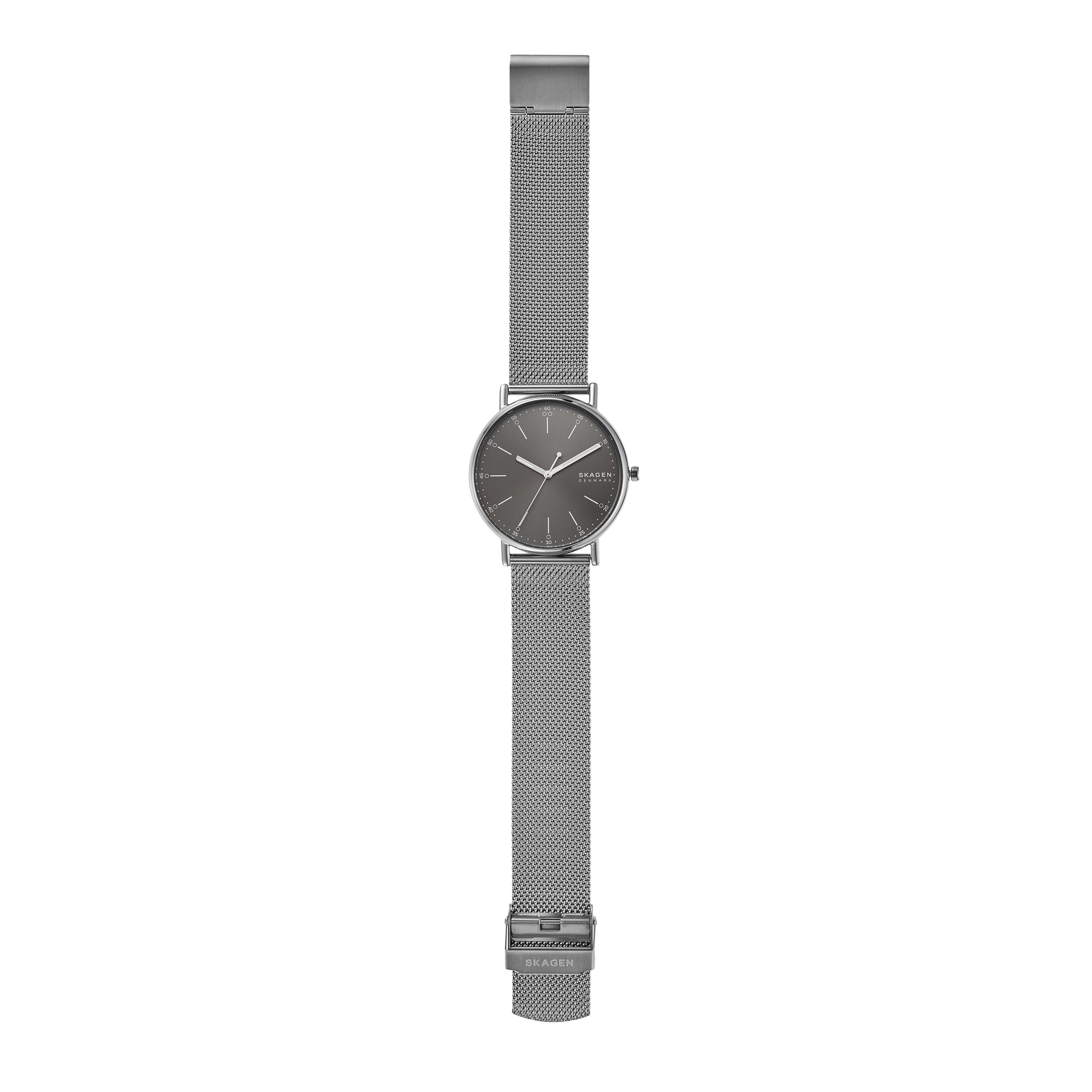 Sleek wristwatch with a gray metal mesh band and dark circular face.